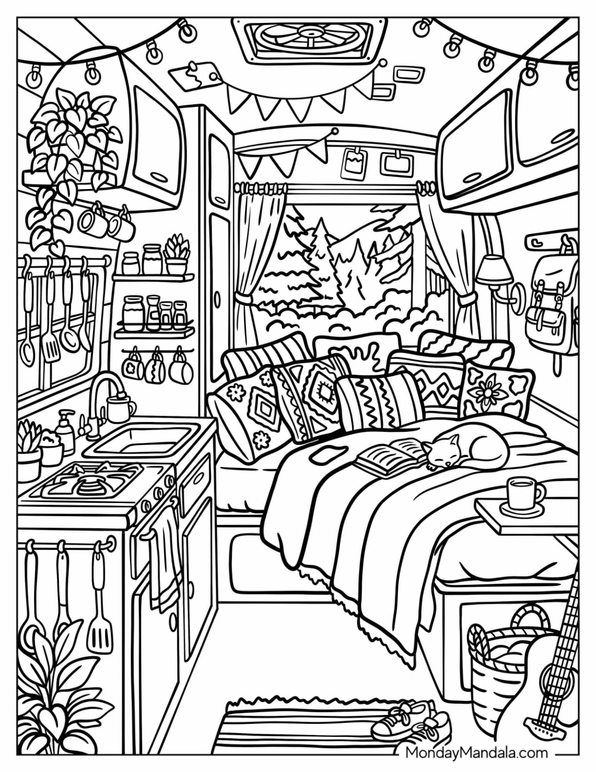 Boho Camper Van Interior with Cozy Bed and Plants Coloring Page