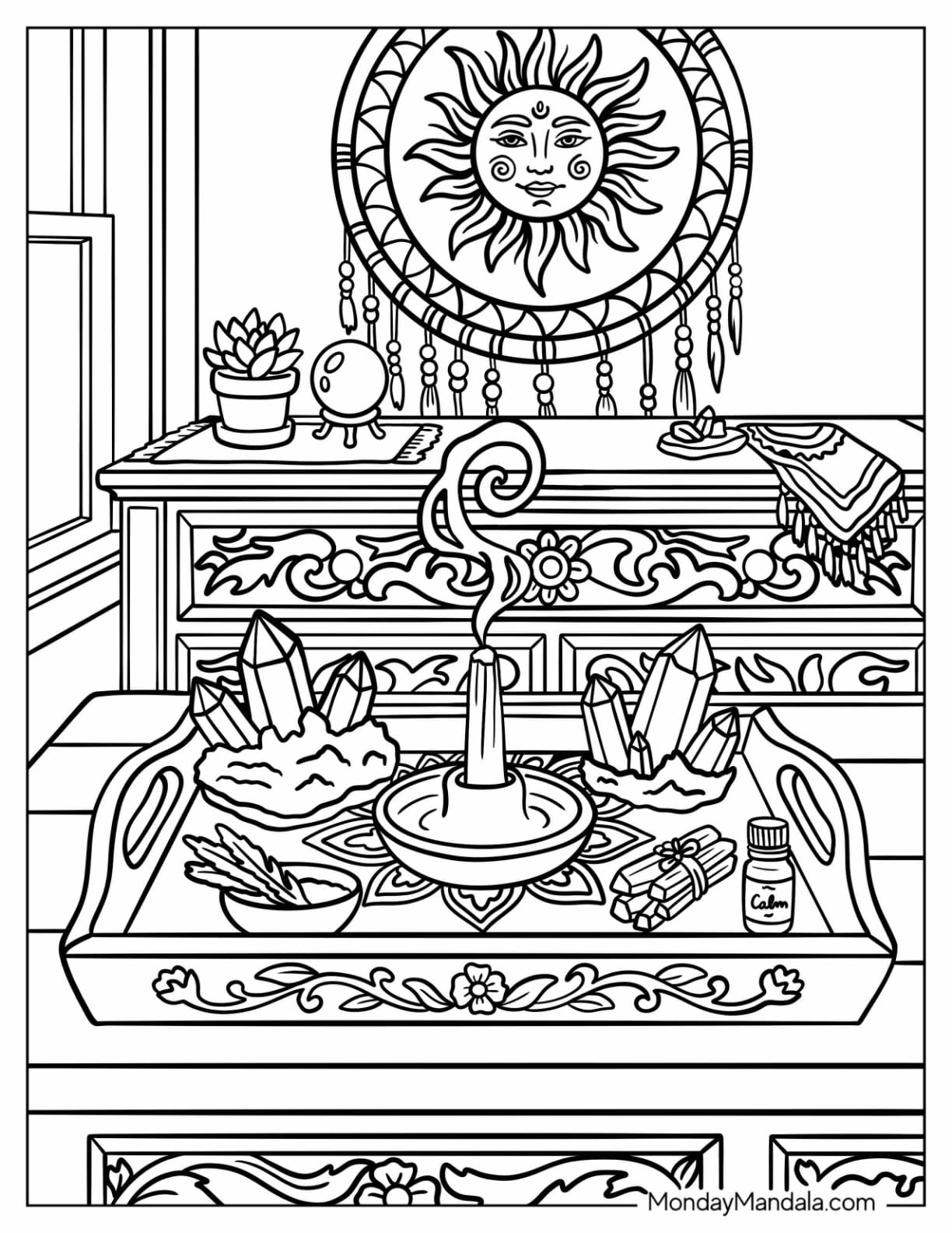 Boho Crystal Altar with Incense and Sun Wall Art Coloring Sheet