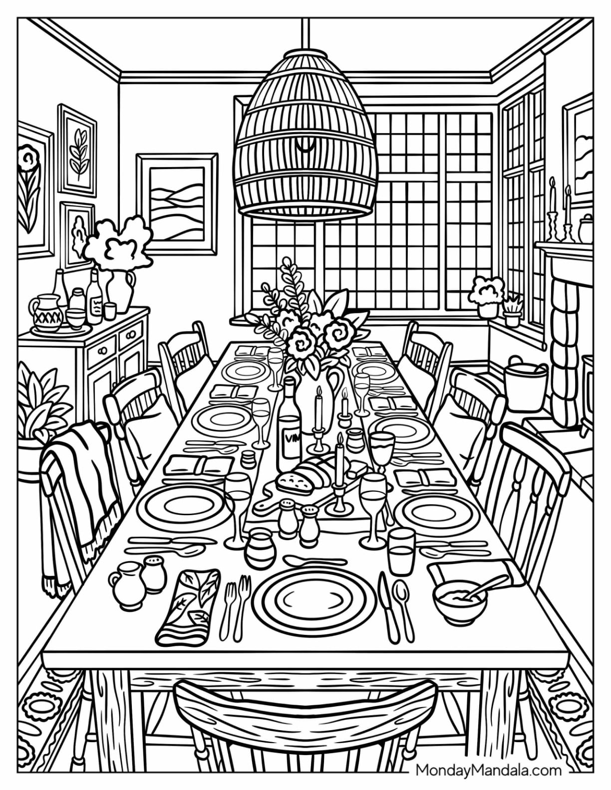 Boho Dining Room with Floral Table Setting and Woven Pendant Light Coloring Sheet