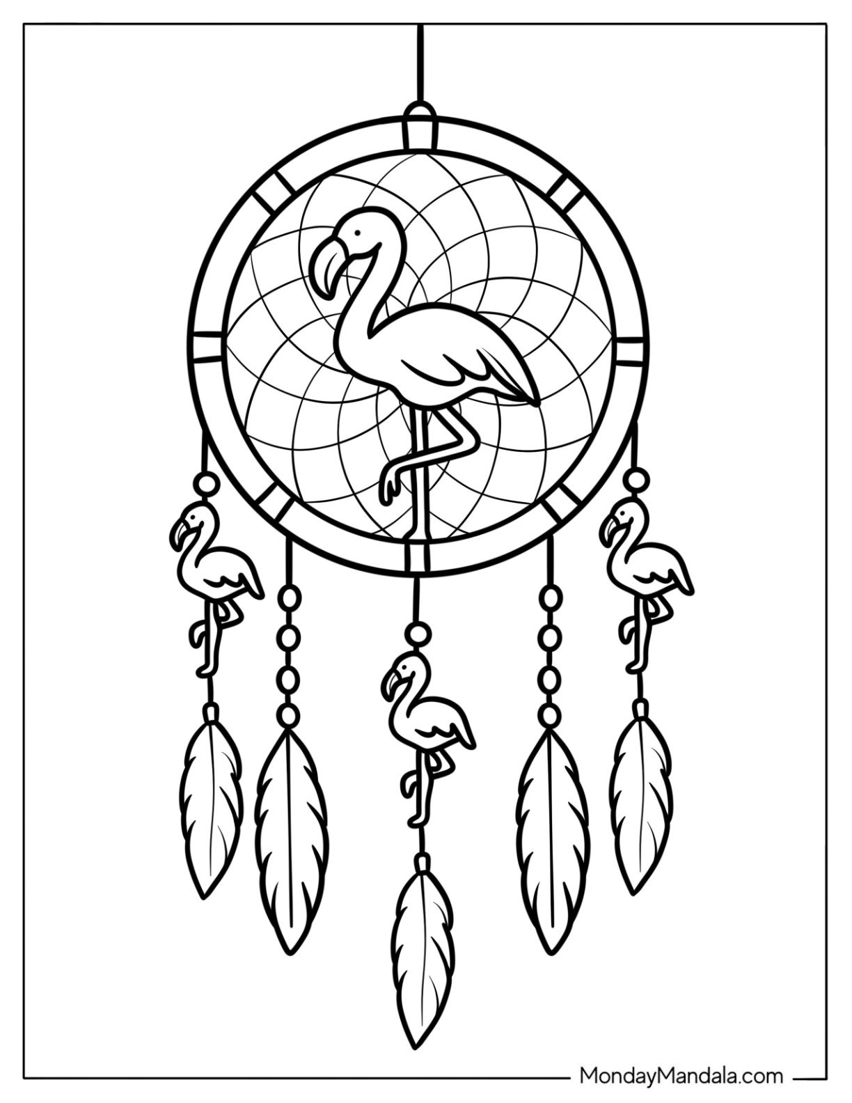 Boho Flamingo Dreamcatcher With Feathers Coloring Sheet