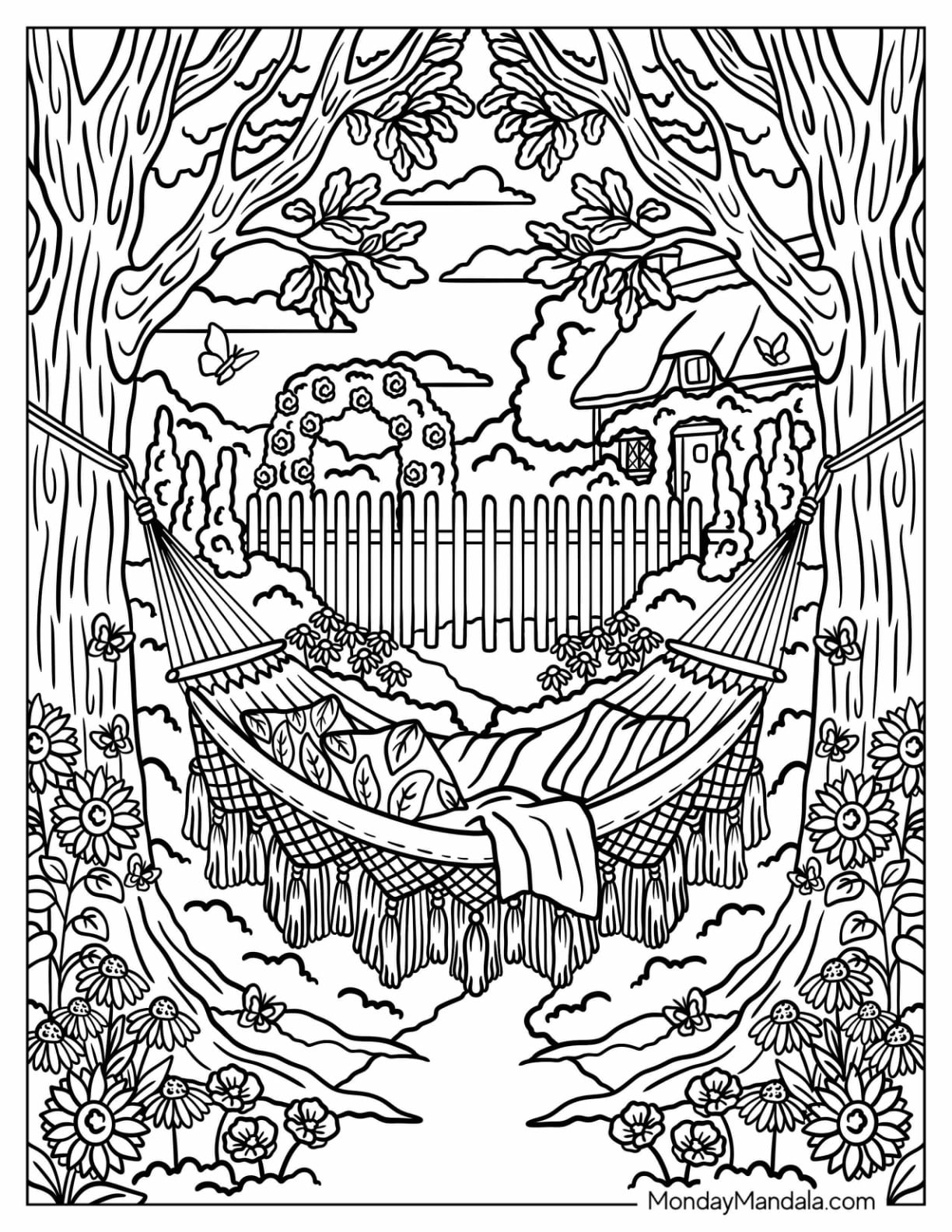 Boho Garden Hammock Beneath Shady Trees Coloring Page