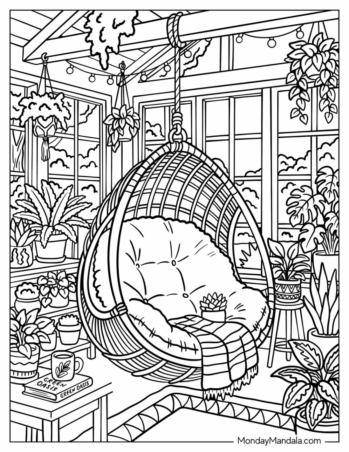 Boho Hanging Egg Chair Surrounded by Houseplants Coloring Sheet