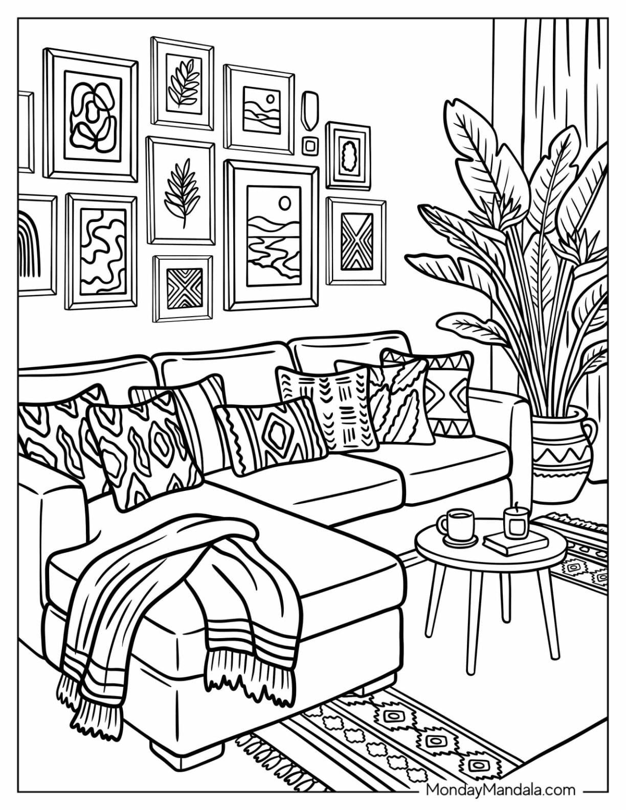 Boho Living Room with Patterned Pillows and Gallery Wall Coloring Page