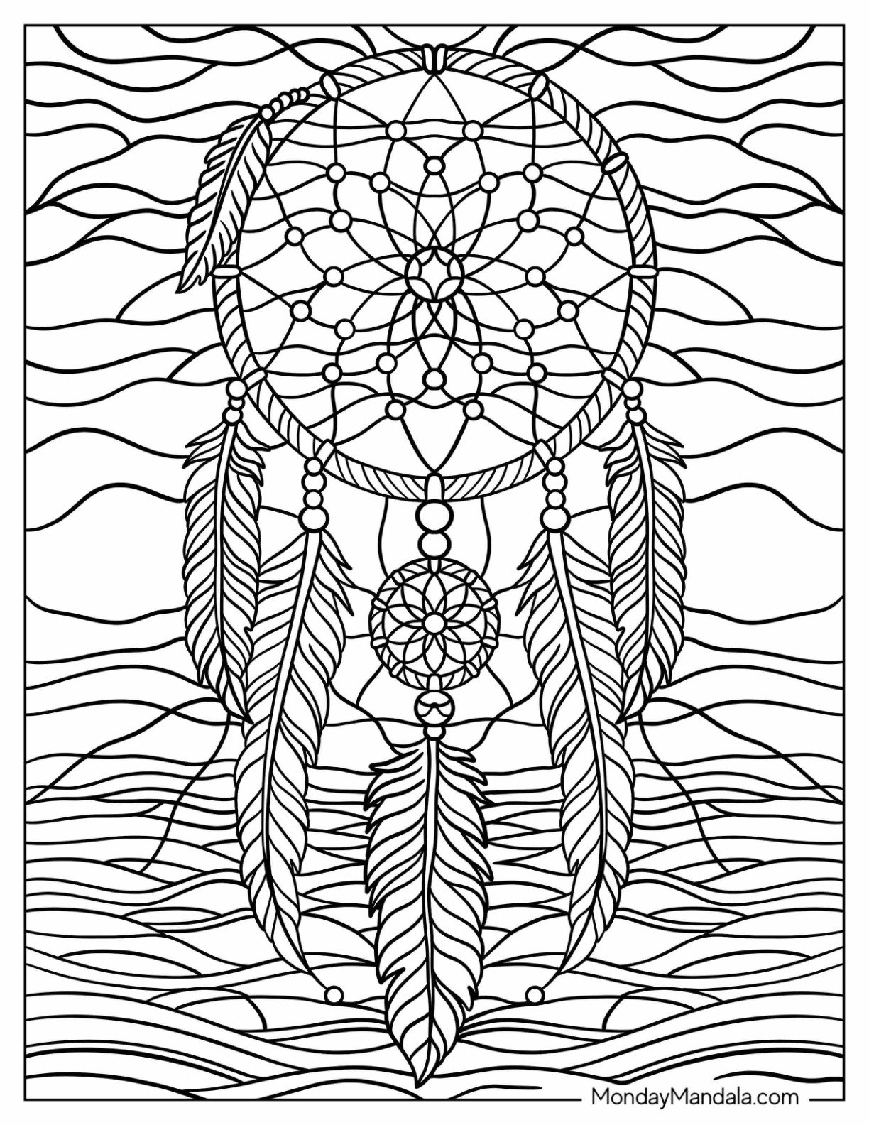 Boho Stained Glass Coloring Page of Dreamcatcher with Beads and Waves