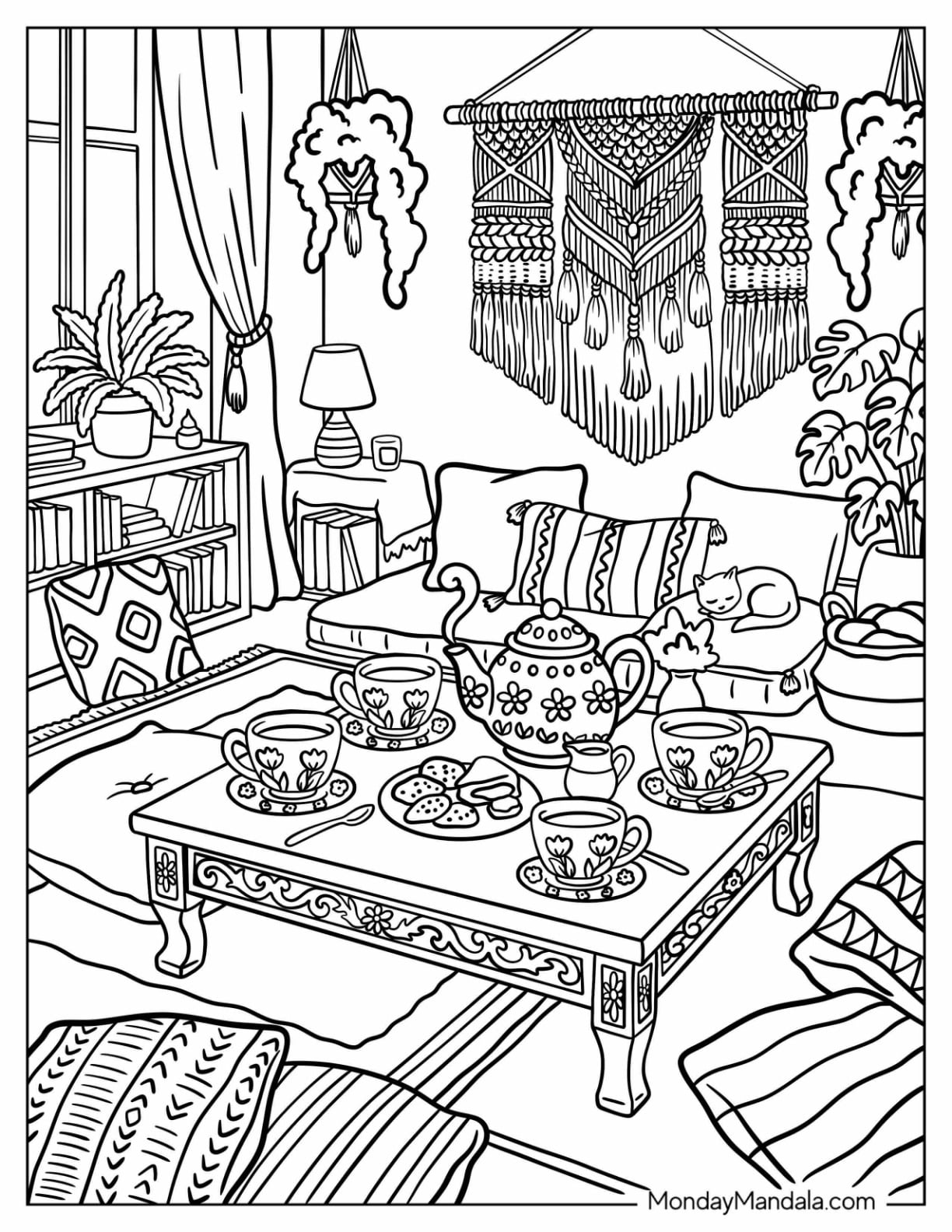 Boho Tea Party in a Cozy Living Room Coloring Page