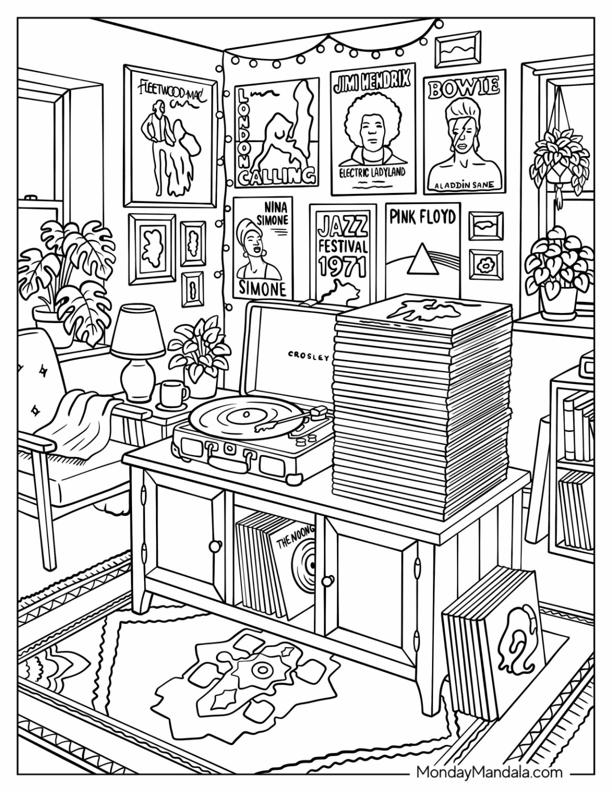 Boho Vinyl Record Room with Turntable and Music Posters Coloring Sheet