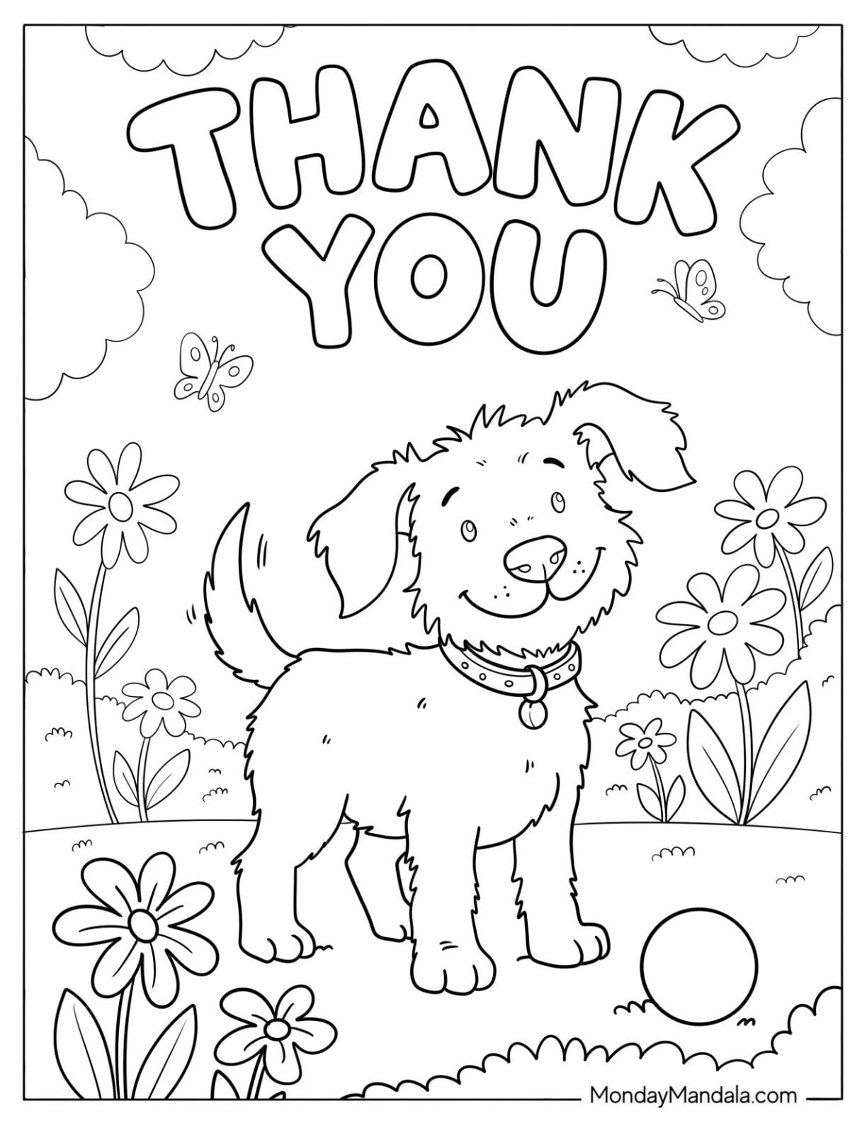 Bold Thank You Text over Friendly Dog in a Park Coloring Page for Kids