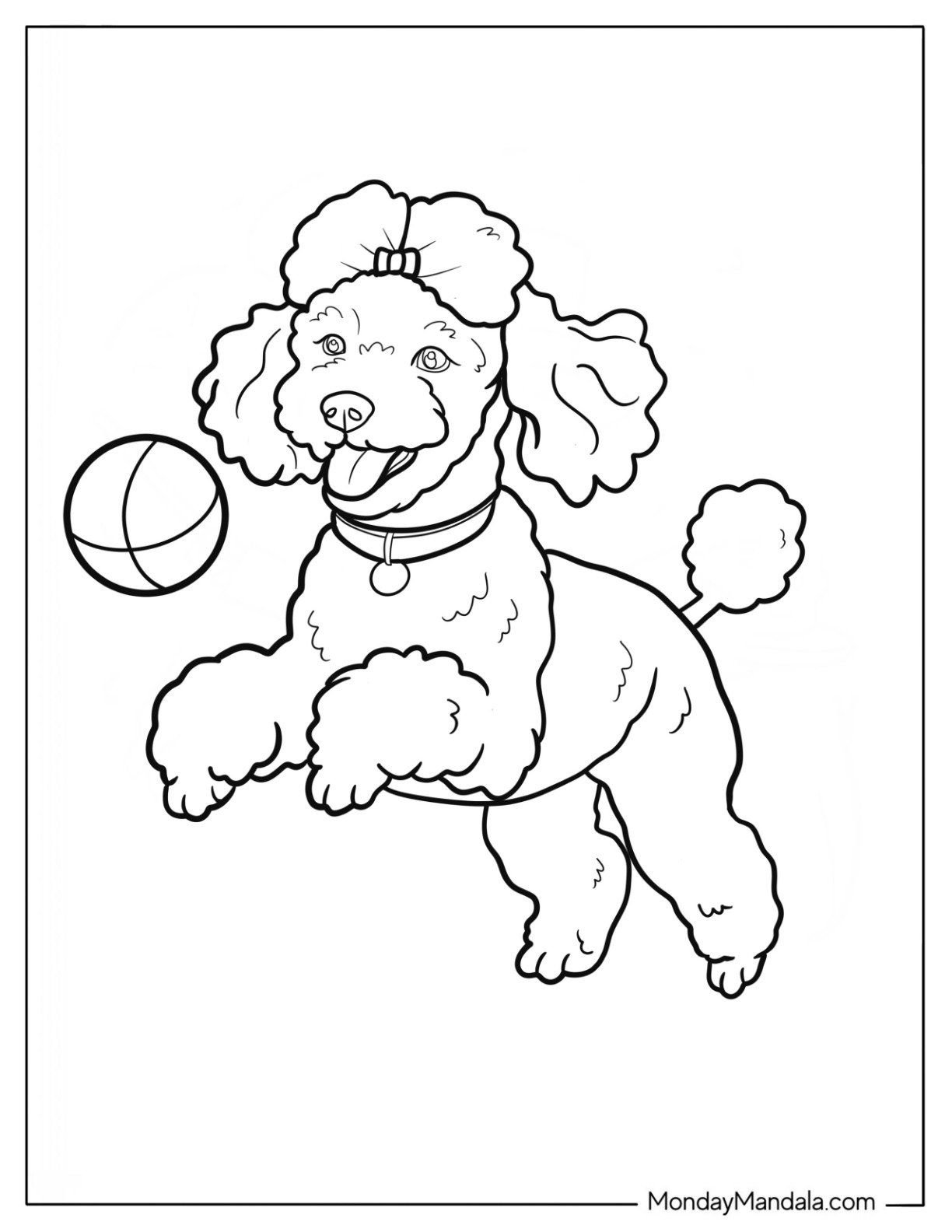 Bouncy Poodle Coloring Page Chasing Toy Ball for Kids