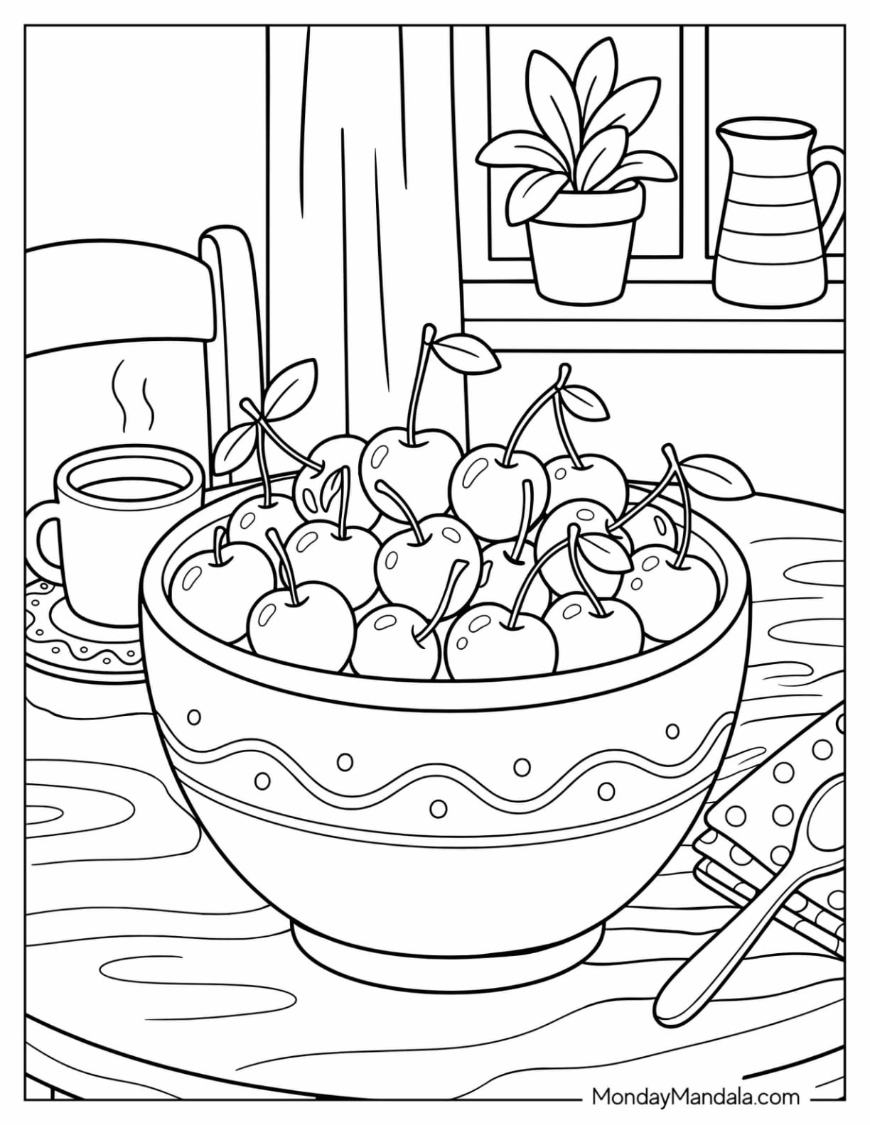 Bowl of Fresh Cherries on a Kitchen Table Coloring Page