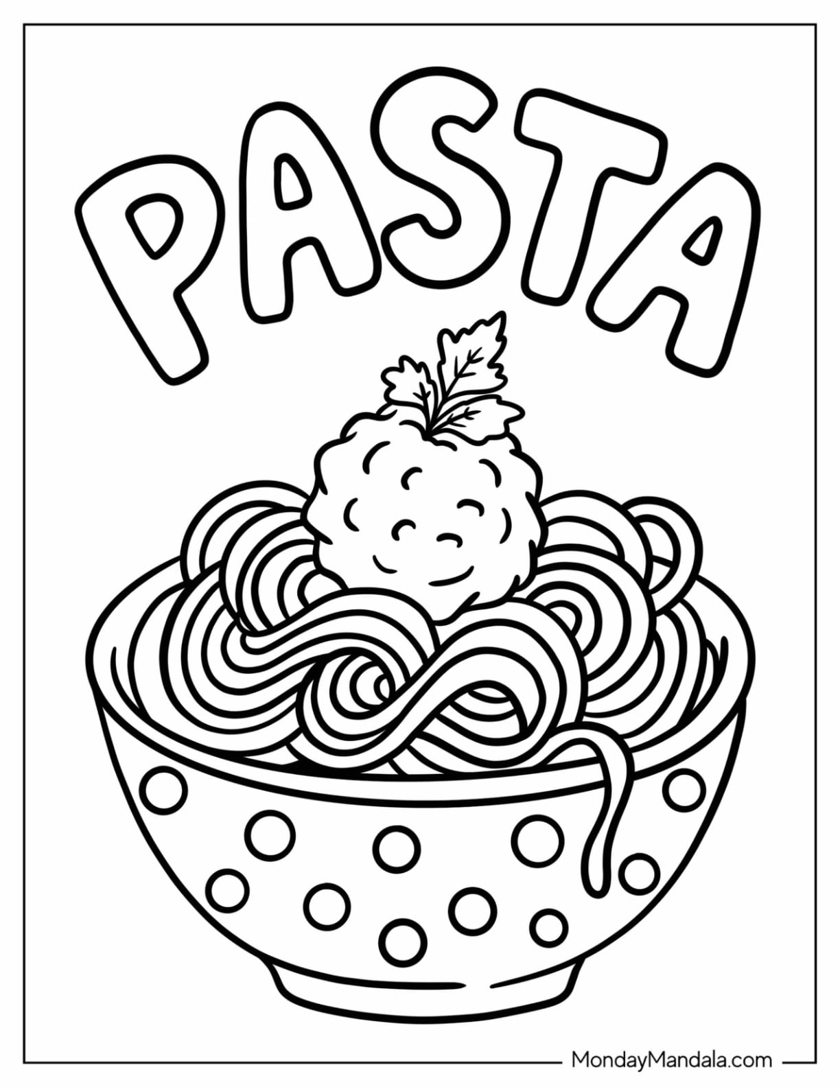 Italy Coloring Page of Bowl of Italian Pasta with Meatball for Kids