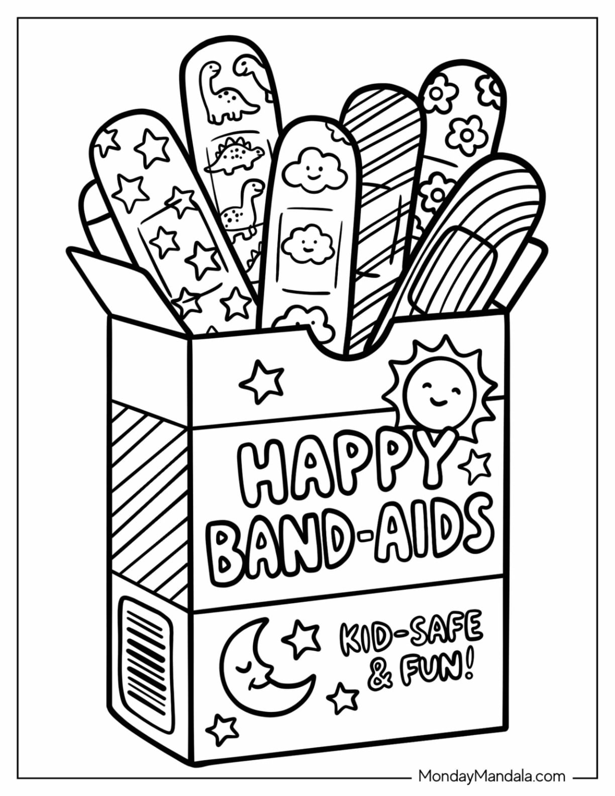 Box of Happy Band Aids with Designs Coloring Sheet