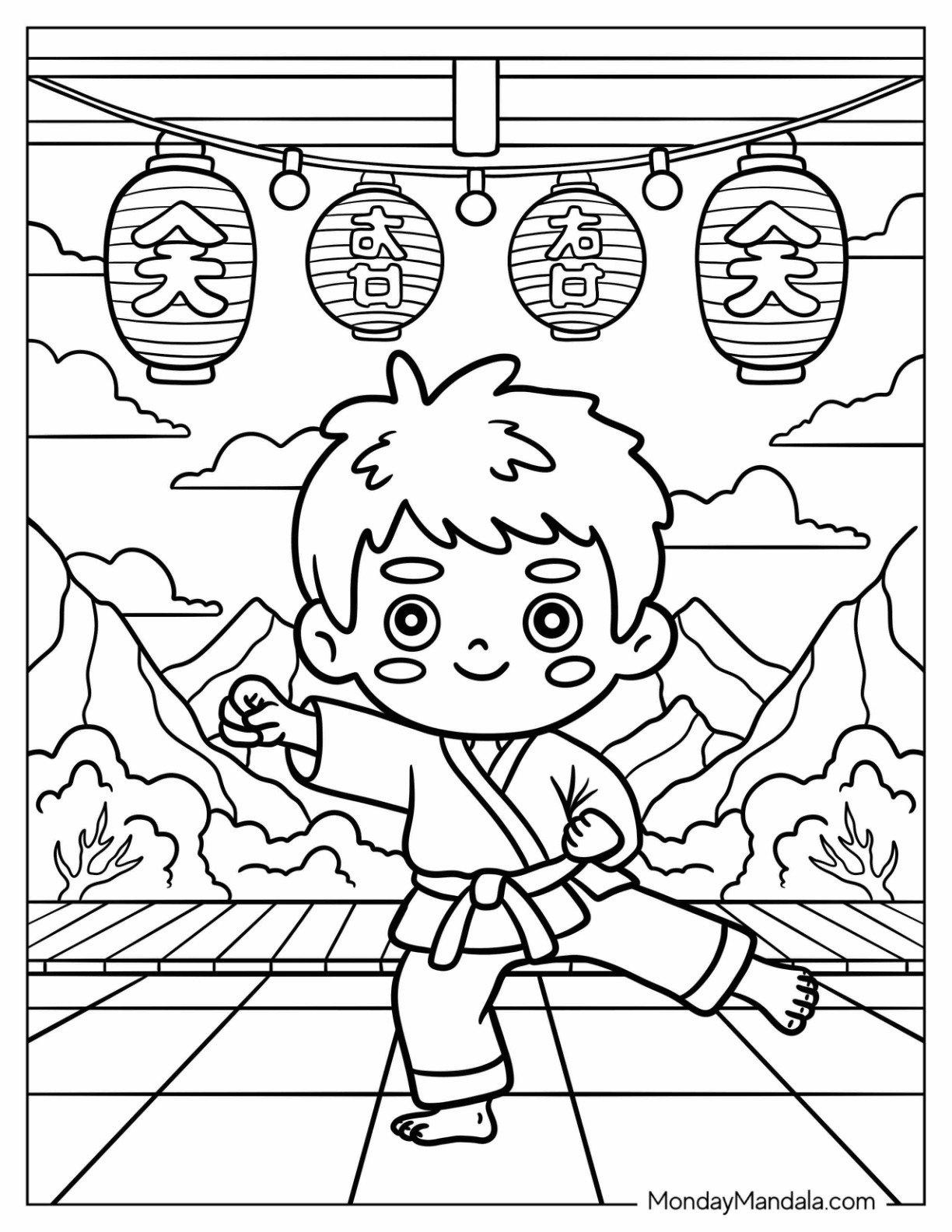 Boy Doing Karate Coloring Page Practice in a Peaceful Temple Surrounded by Mountains