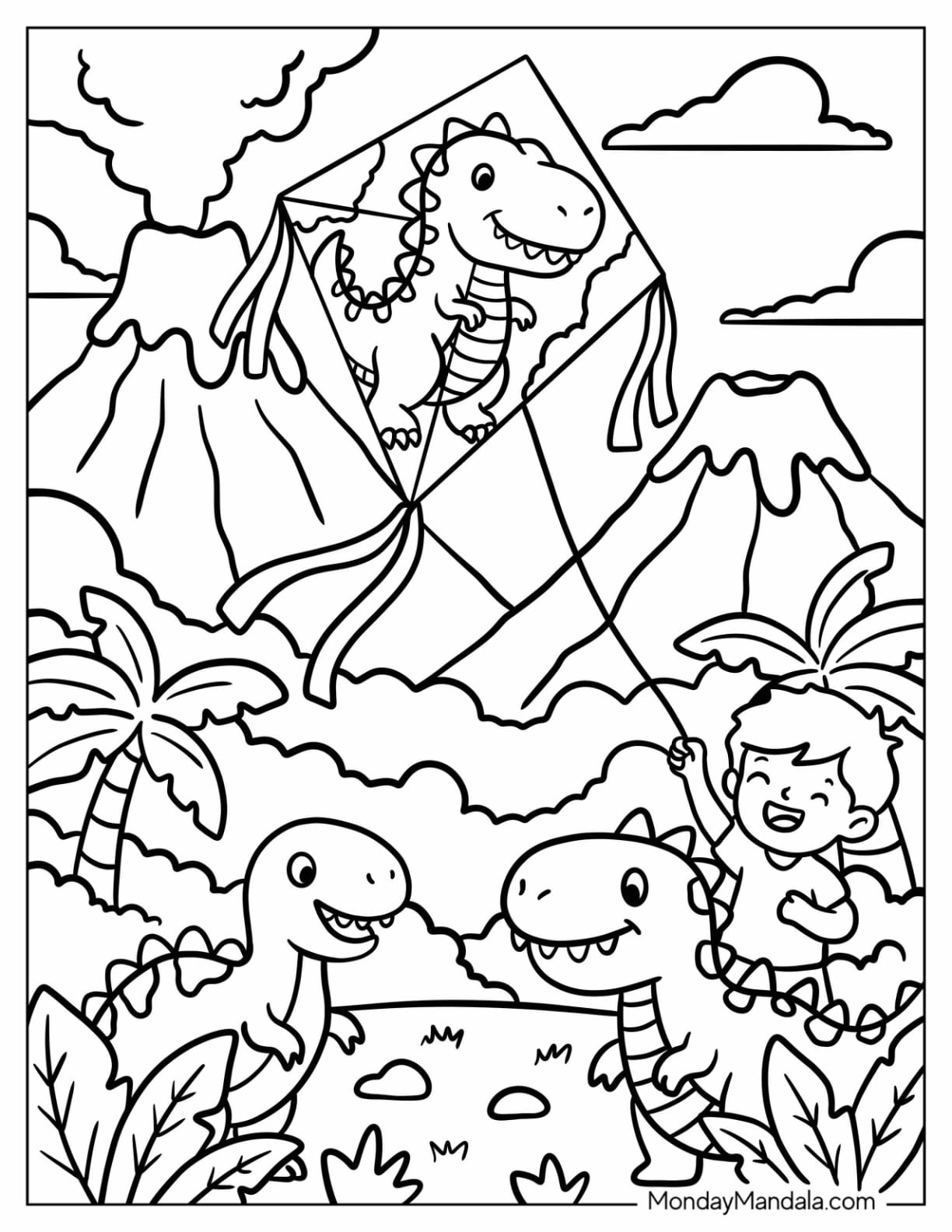 Boy Flying a Dinosaur Kite Coloring Page