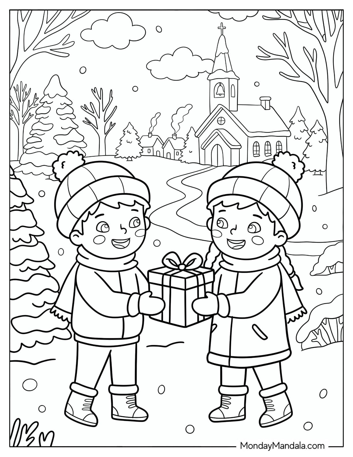 Christian Christmas Coloring Page of Boy Giving a Girl a Present on Christian Christmas for Kids