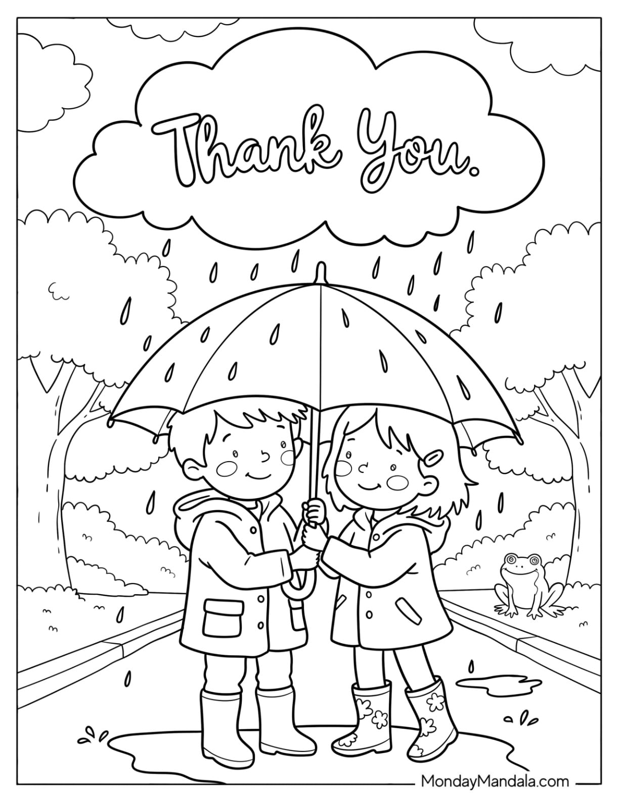 Boy Holding Umbrella for Girl Under Thank You Cloud Coloring Sheet for Kids