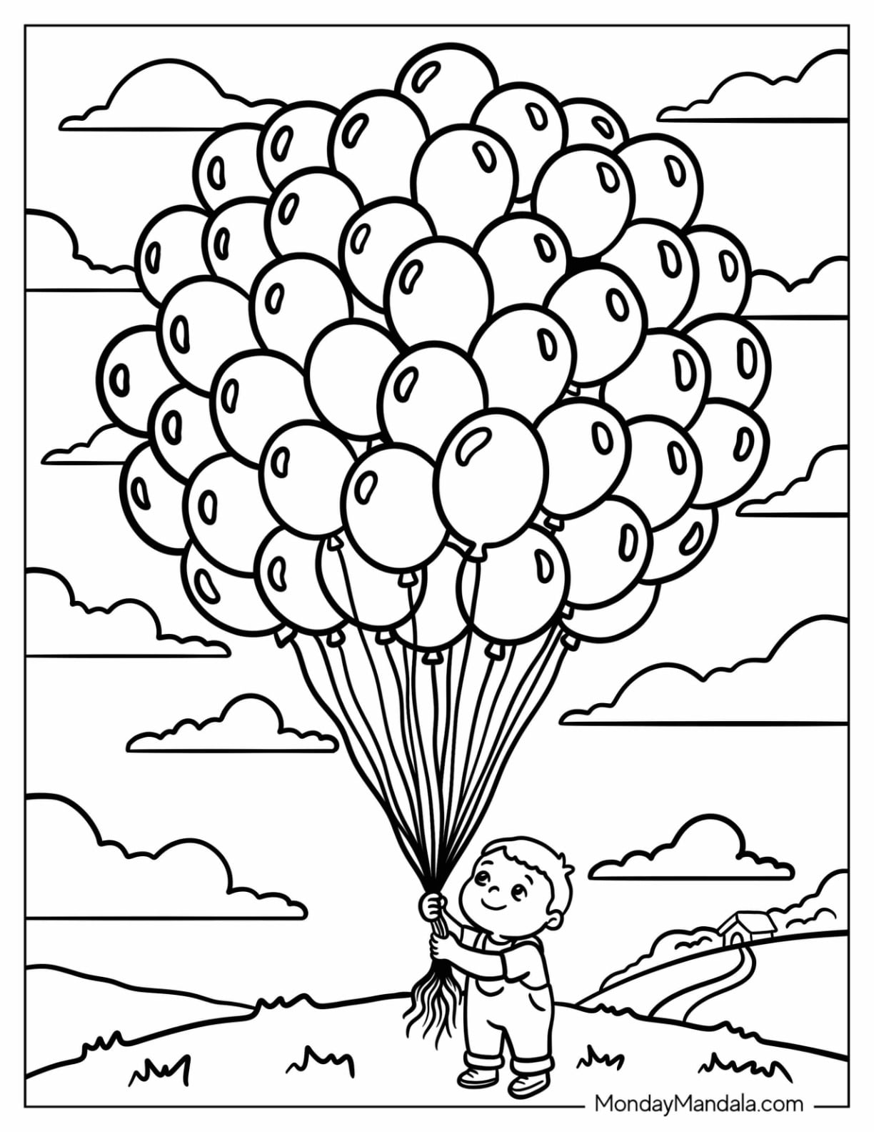 Boy Holding a Giant Bunch of Balloons Coloring Page