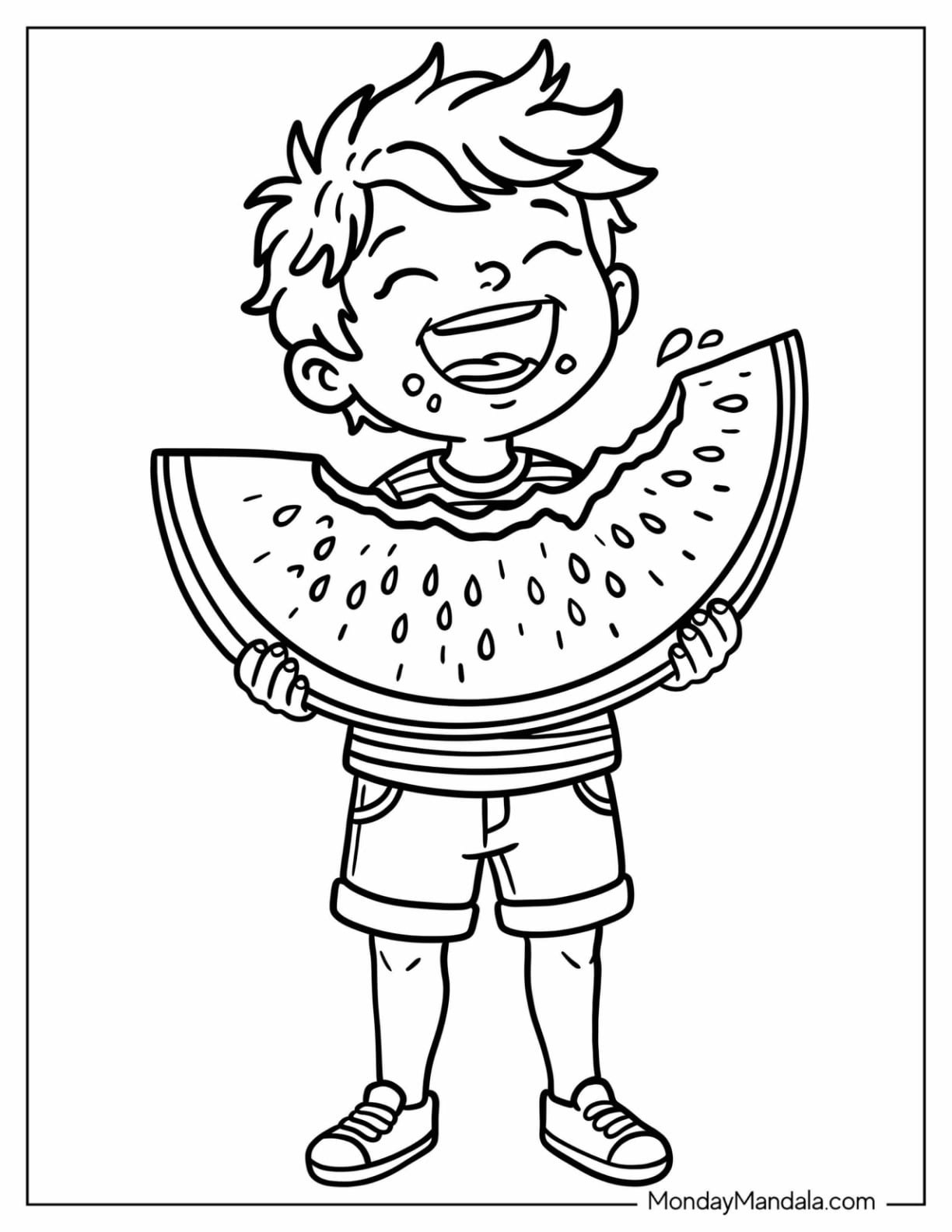 Boy Holding a Giant Watermelon Slice with a Bite Missing Coloring Sheet for Kids