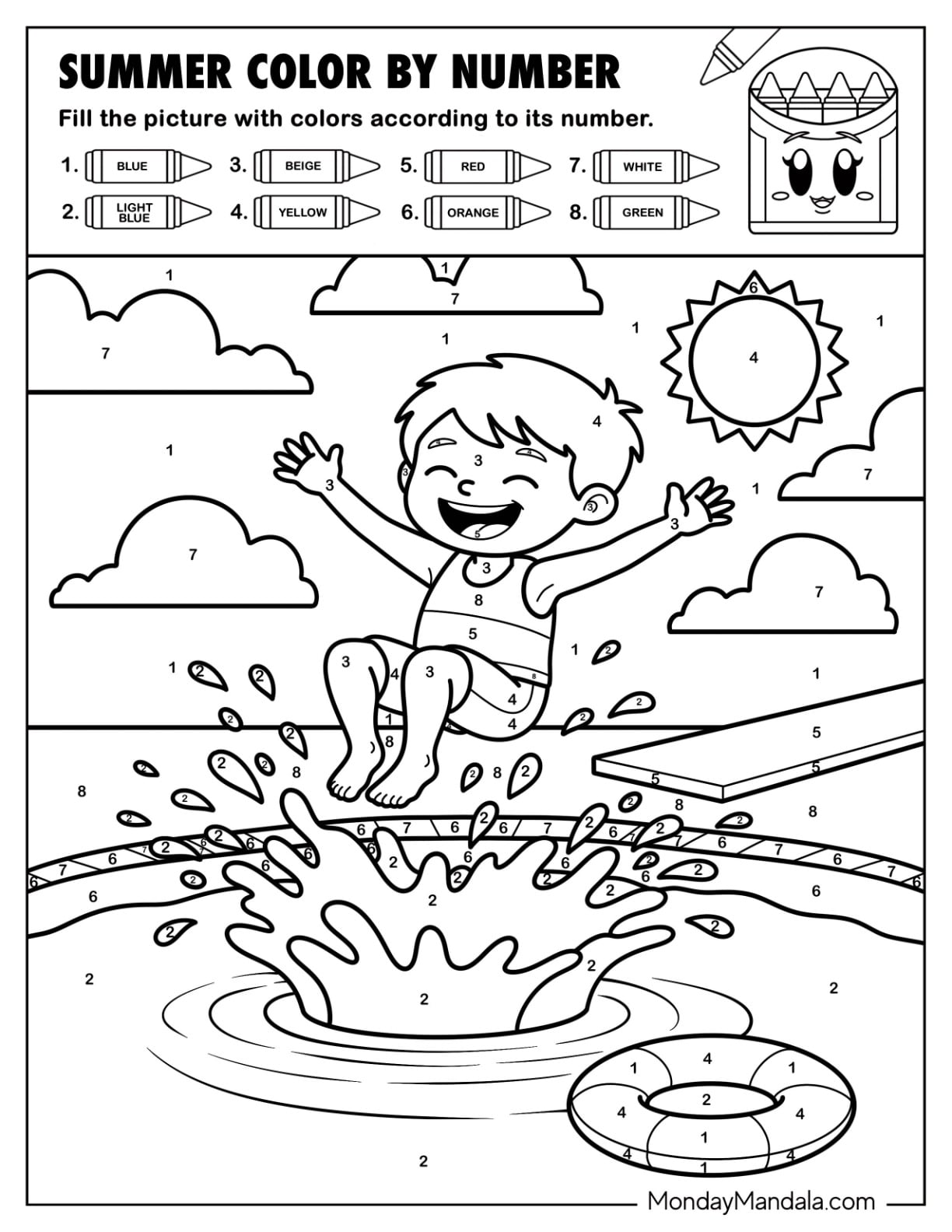 Boy Jumping Into Water Summer Color by Number