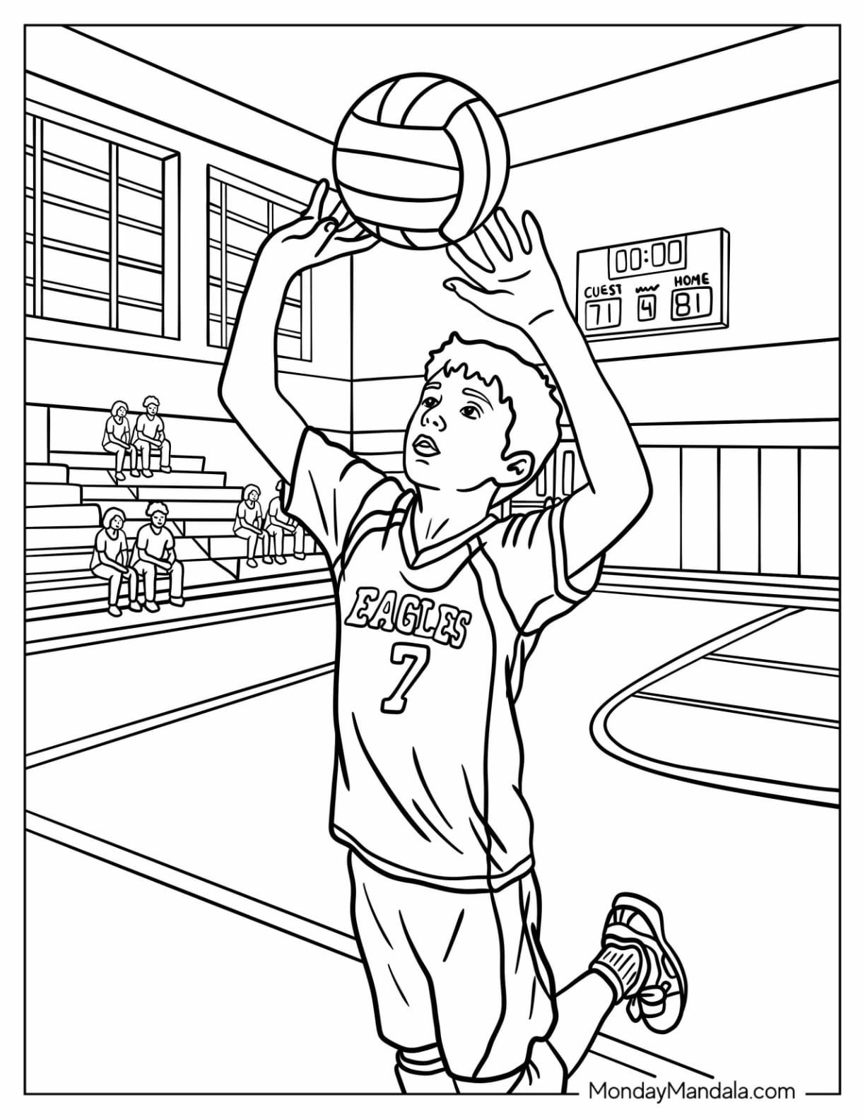 Boy Jumping to Spike a Volleyball in a Gymnasium Coloring Page