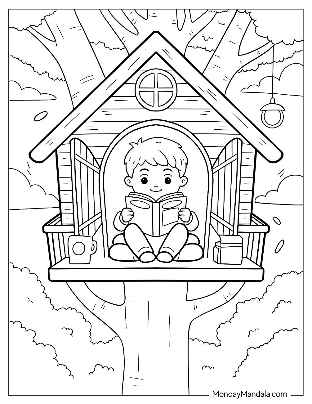 People Coloring Page of Boy Reading A Book In A Treehouse