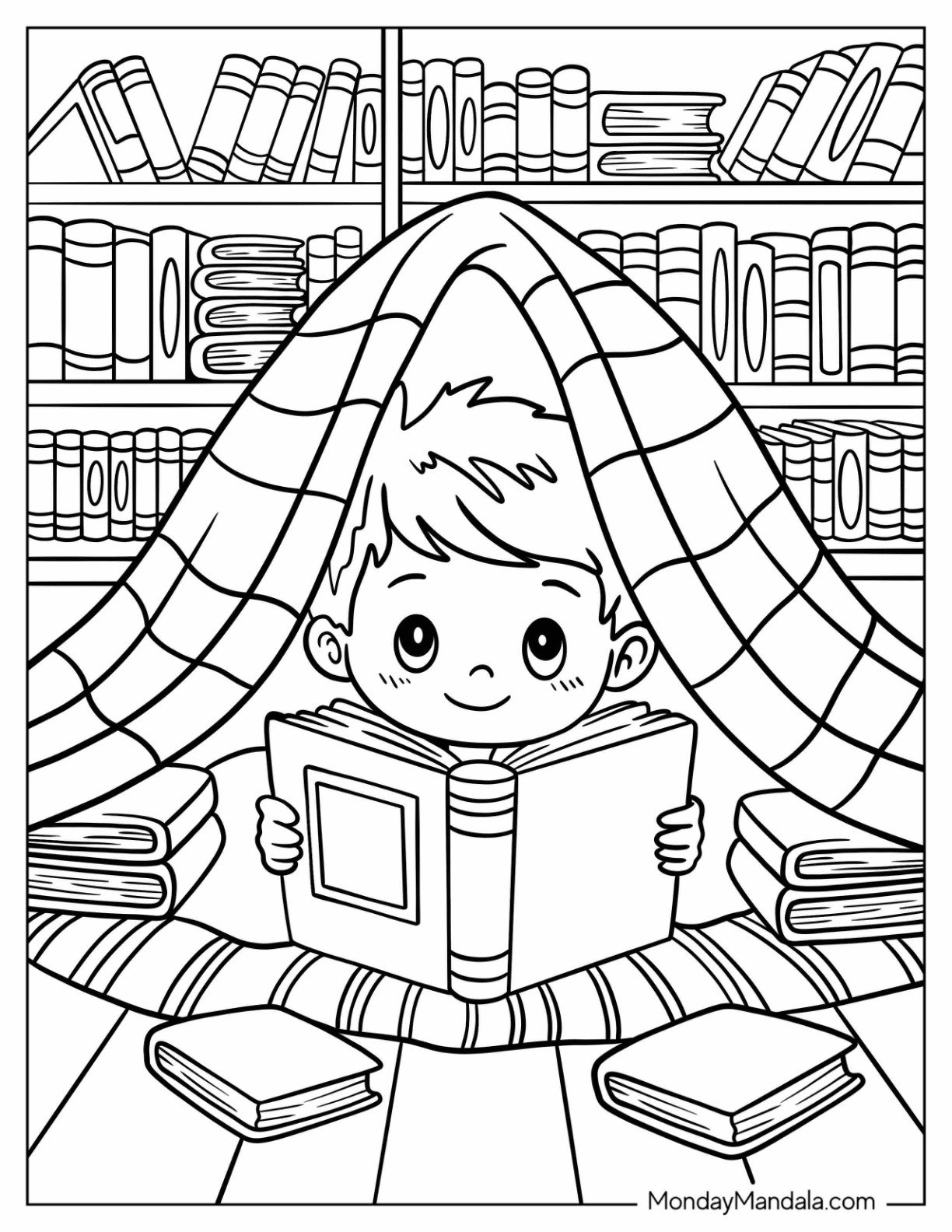 Boy Reading Under Blanket in Cozy Library Coloring Page Nook Surrounded by Books