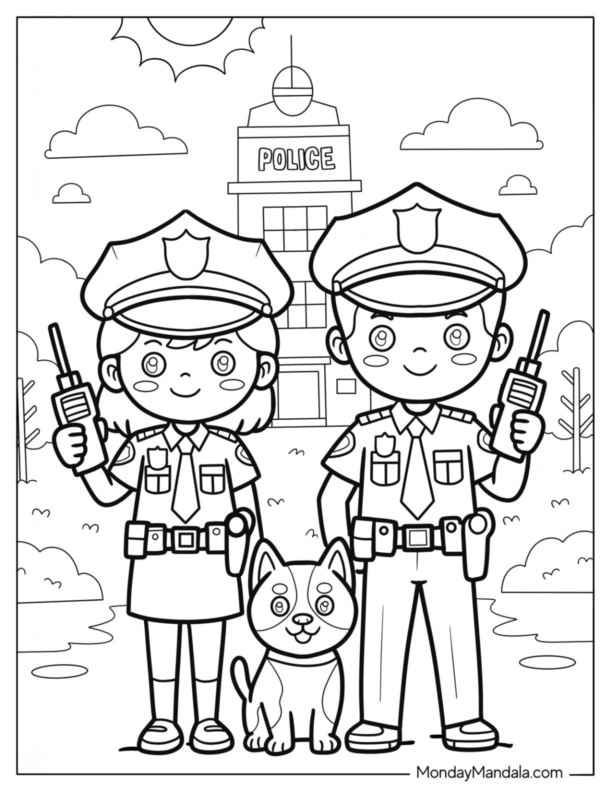 Boy and Girl Police Coloring Page in Front of Station with K 9