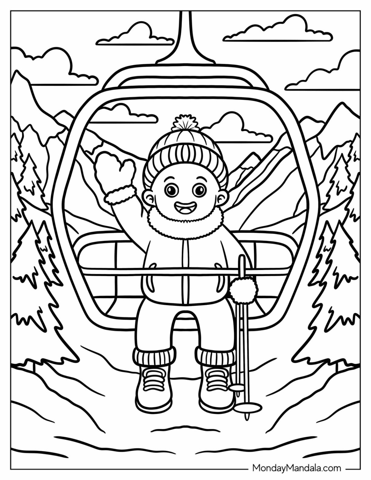 Boy in a Ski Lift Wearing Mittens Coloring Page and Waving for Kids