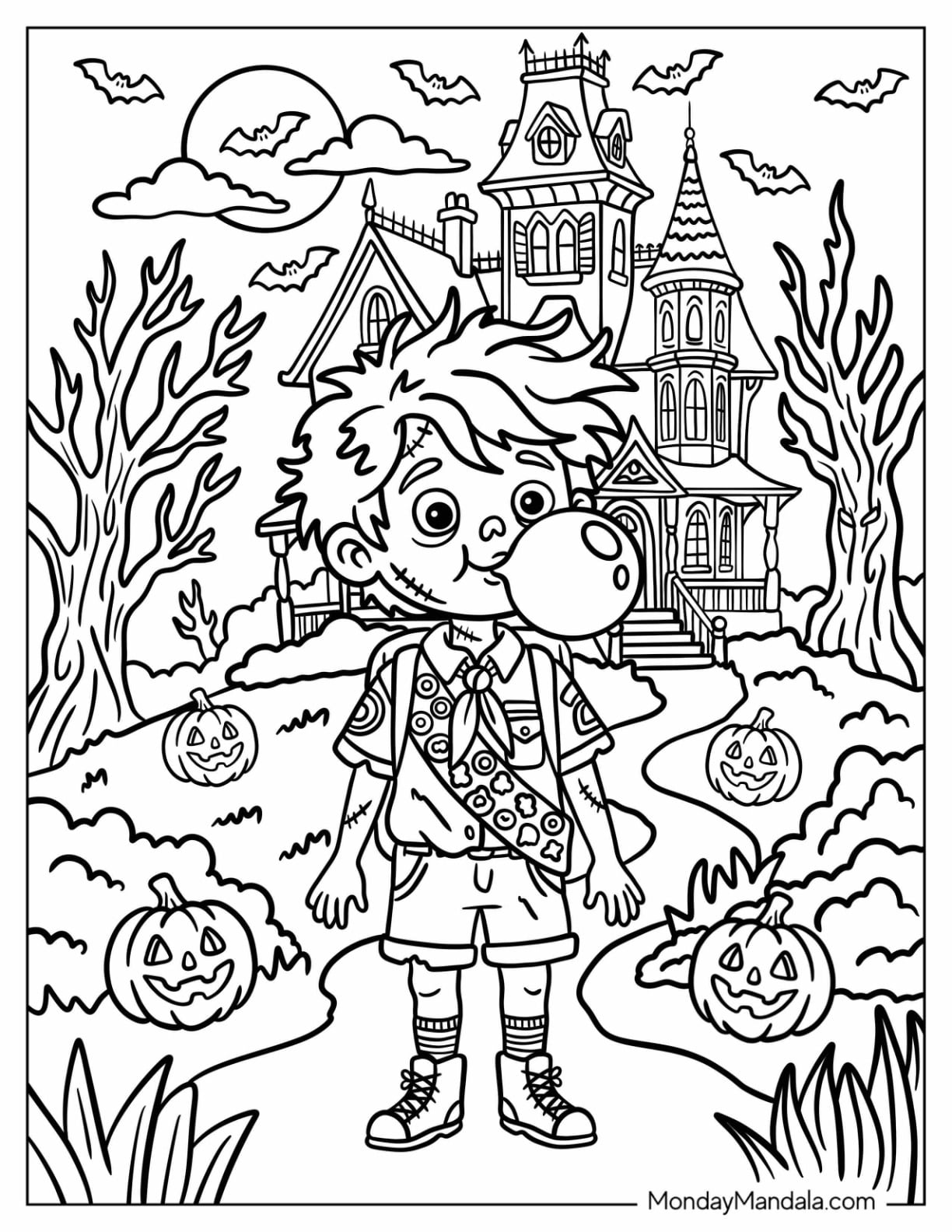 Boys Scout Zombie Blowing a Bubble Gum Coloring Page
