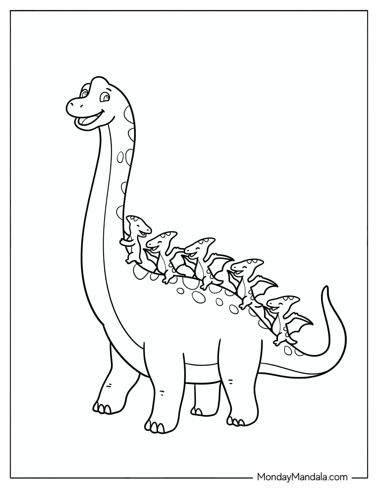 Brachiosaurus Carrying Baby Dinosaurs on Its Back Coloring Sheet