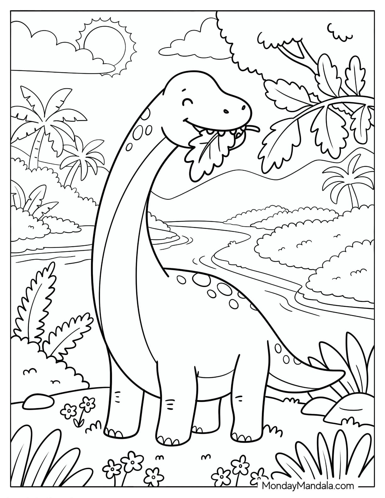 Brachiosaurus Eating Leaves Beside a Prehistoric River Coloring Page for Kids