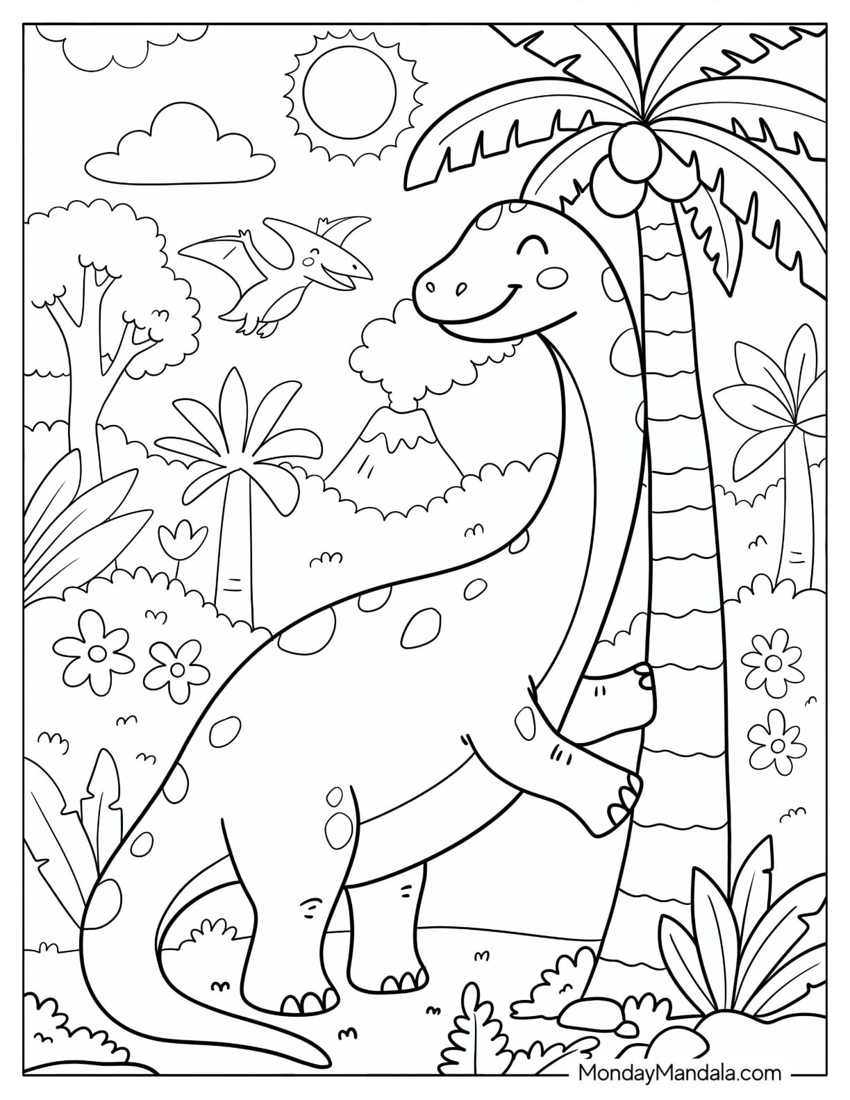 Brachiosaurus Eating Leaves from a Palm Tree Coloring Page for Kids