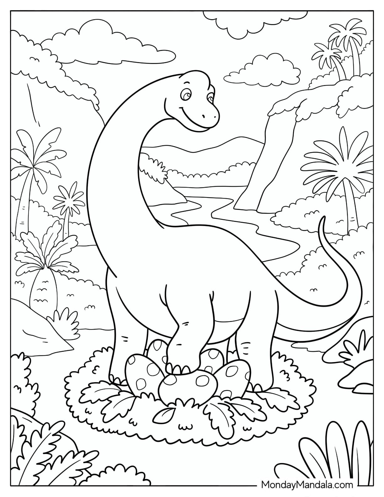 Brachiosaurus Guarding a Nest of Eggs Beside a River Coloring Page
