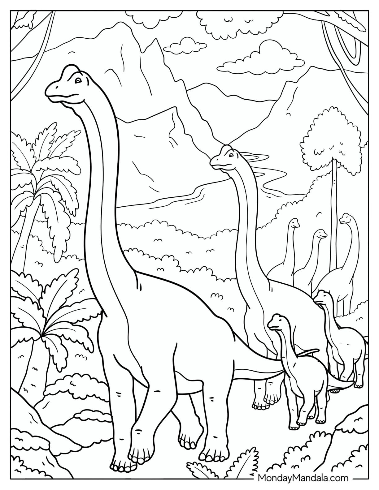 Brachiosaurus Herd Walking Through a Prehistoric Mountain Valley Coloring Page