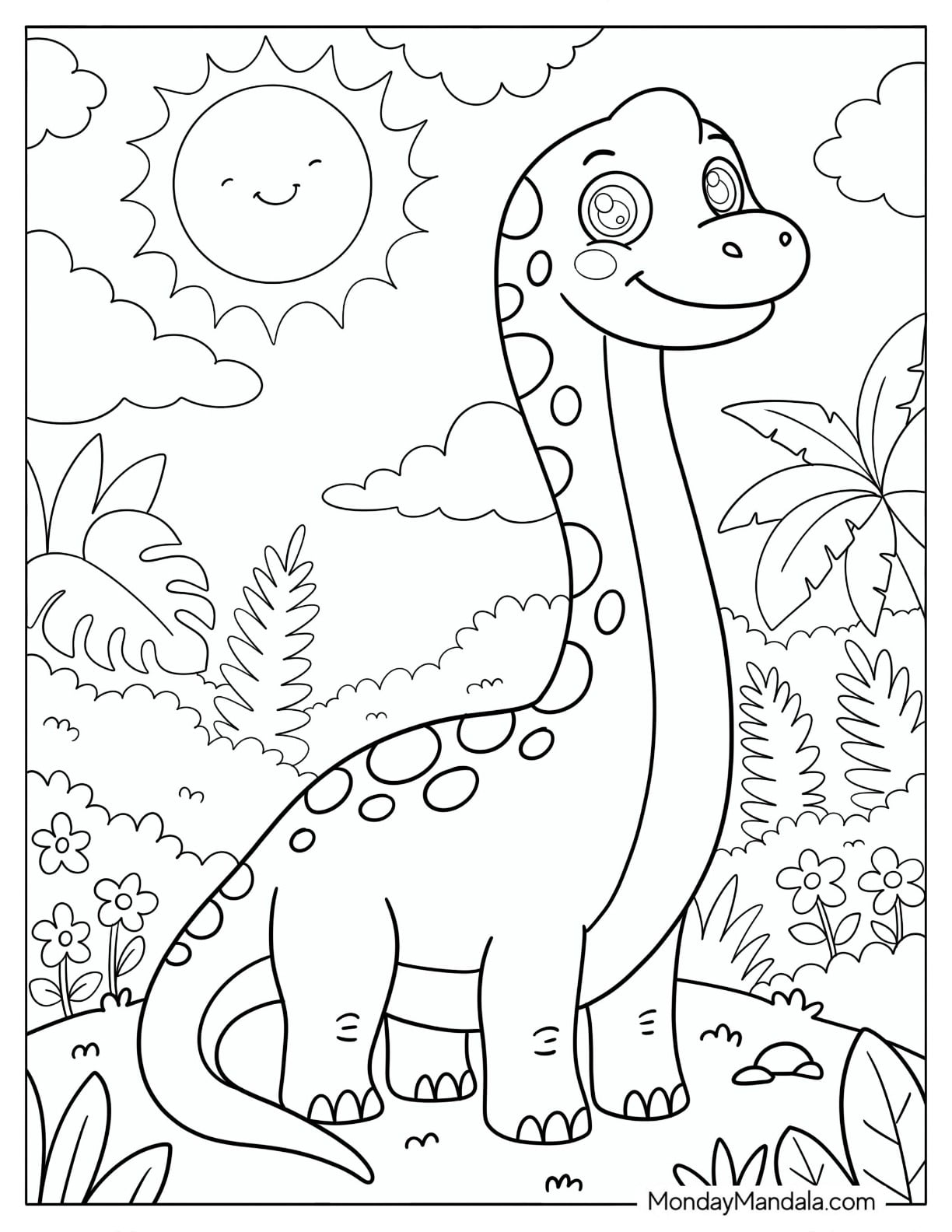 Brachiosaurus Standing in a Sunny Jungle Coloring Page for Kids