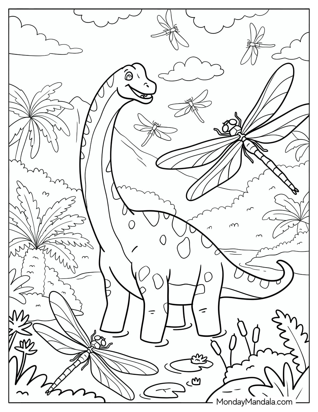 Brachiosaurus Surrounded by Dragonflies in a Tropical Wetland Coloring Page