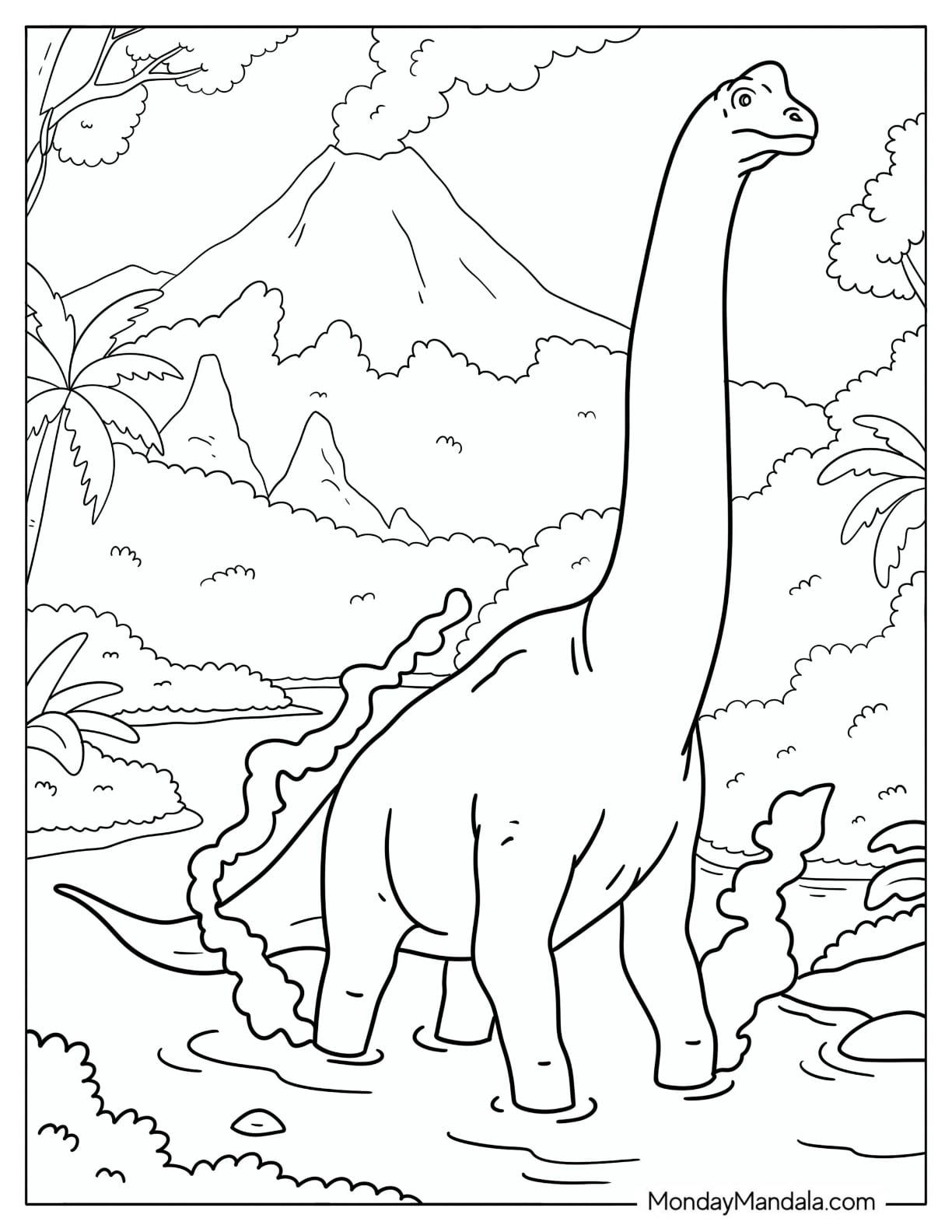 Brachiosaurus Wading Through a Volcanic River Coloring Page