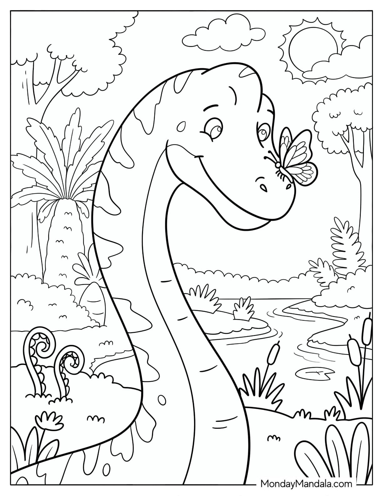 Brachiosaurus Watching a Butterfly Beside a Prehistoric Stream