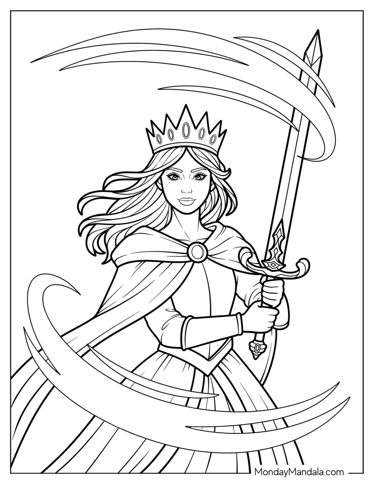Brave Princess Coloring Page in Crown Wielding Sword