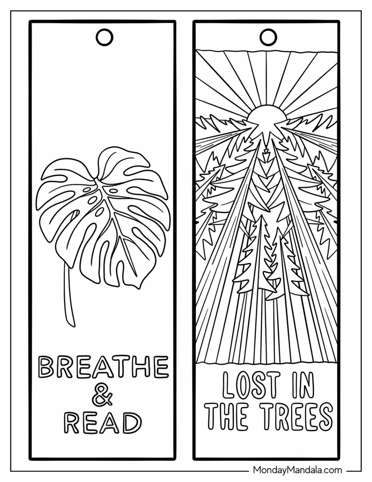 Breathe and Read Leaf and Forest Sunrise Bookmark Coloring Page