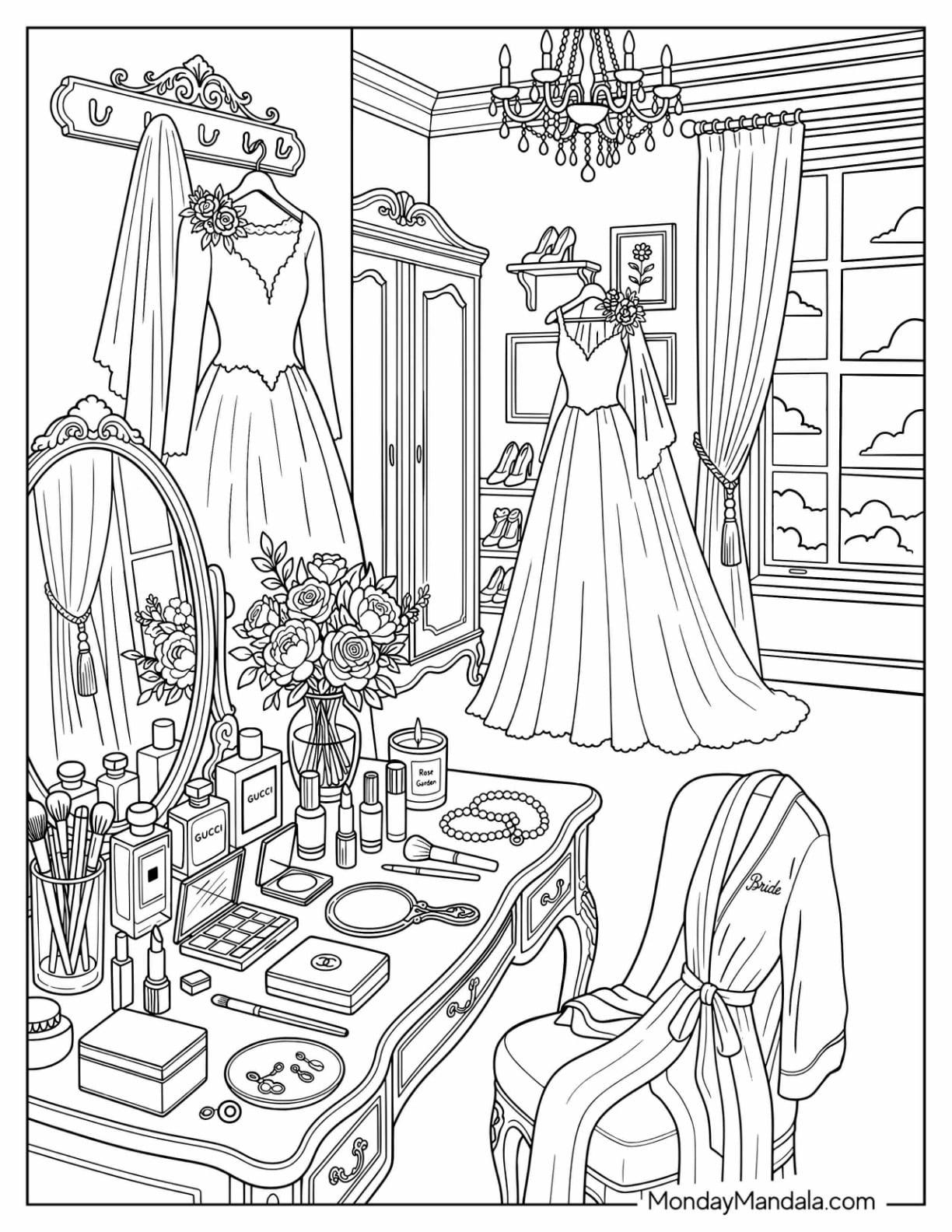 Bridal Vanity with Wedding Dress and Makeup Coloring Page