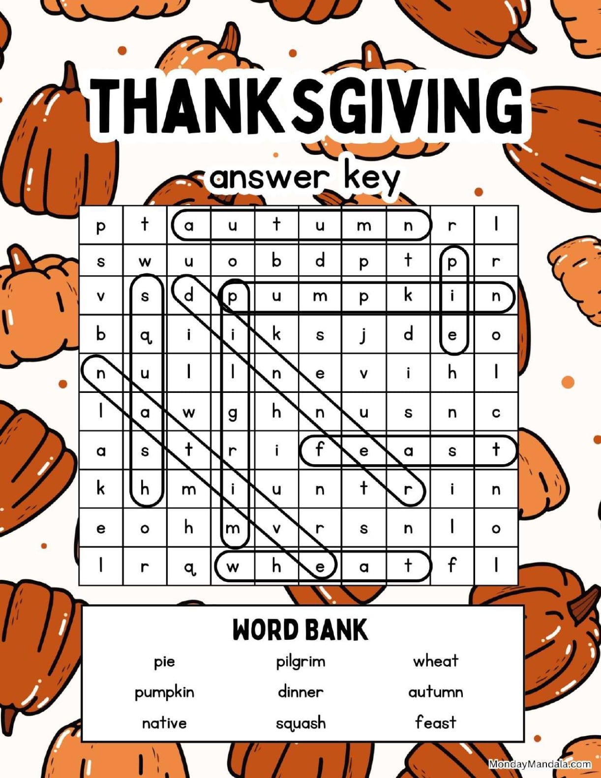 Bright Thanksgiving Pumpkin Word Search Answer Key