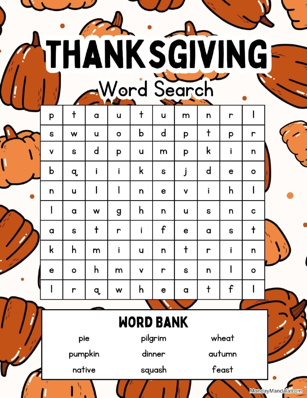 Bright Thanksgiving Pumpkin Word Search