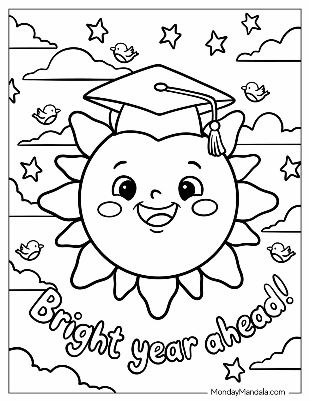 Bright Year Ahead Sun with Graduation Cap Coloring Page