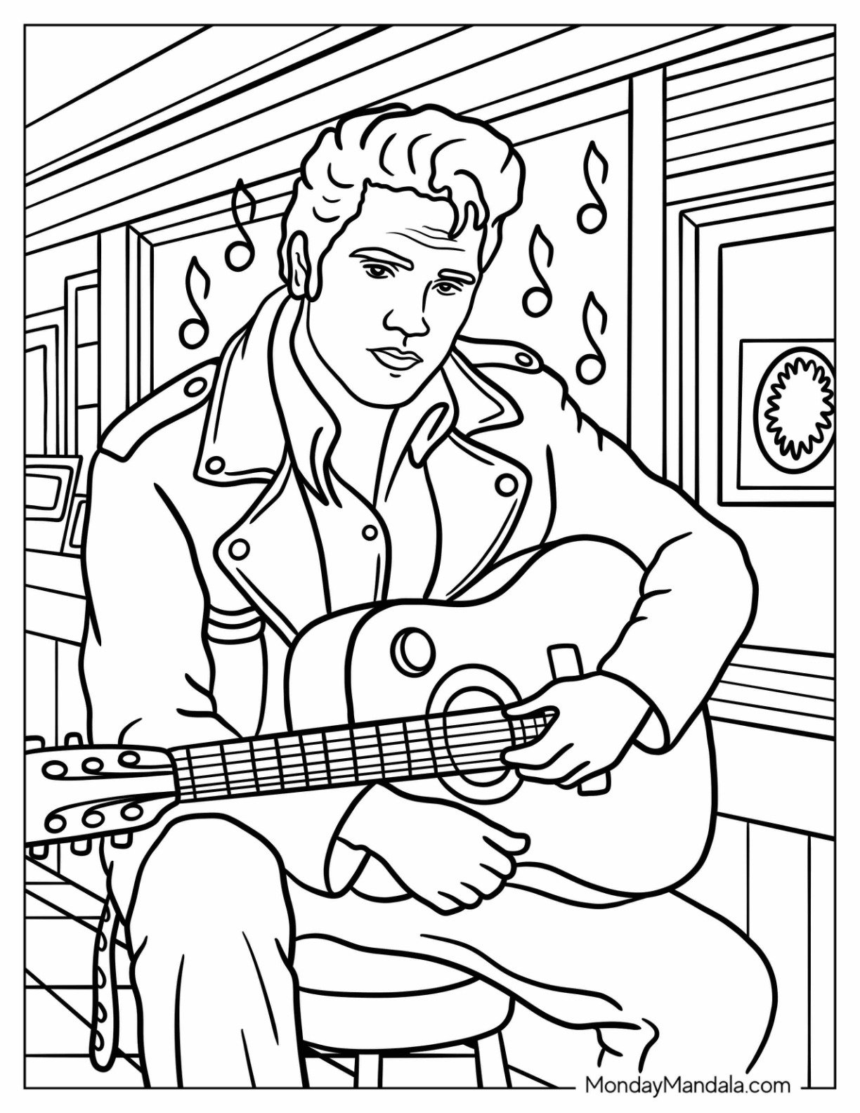 Brooding Elvis Coloring Page Sitting at the Bar with a Guitar