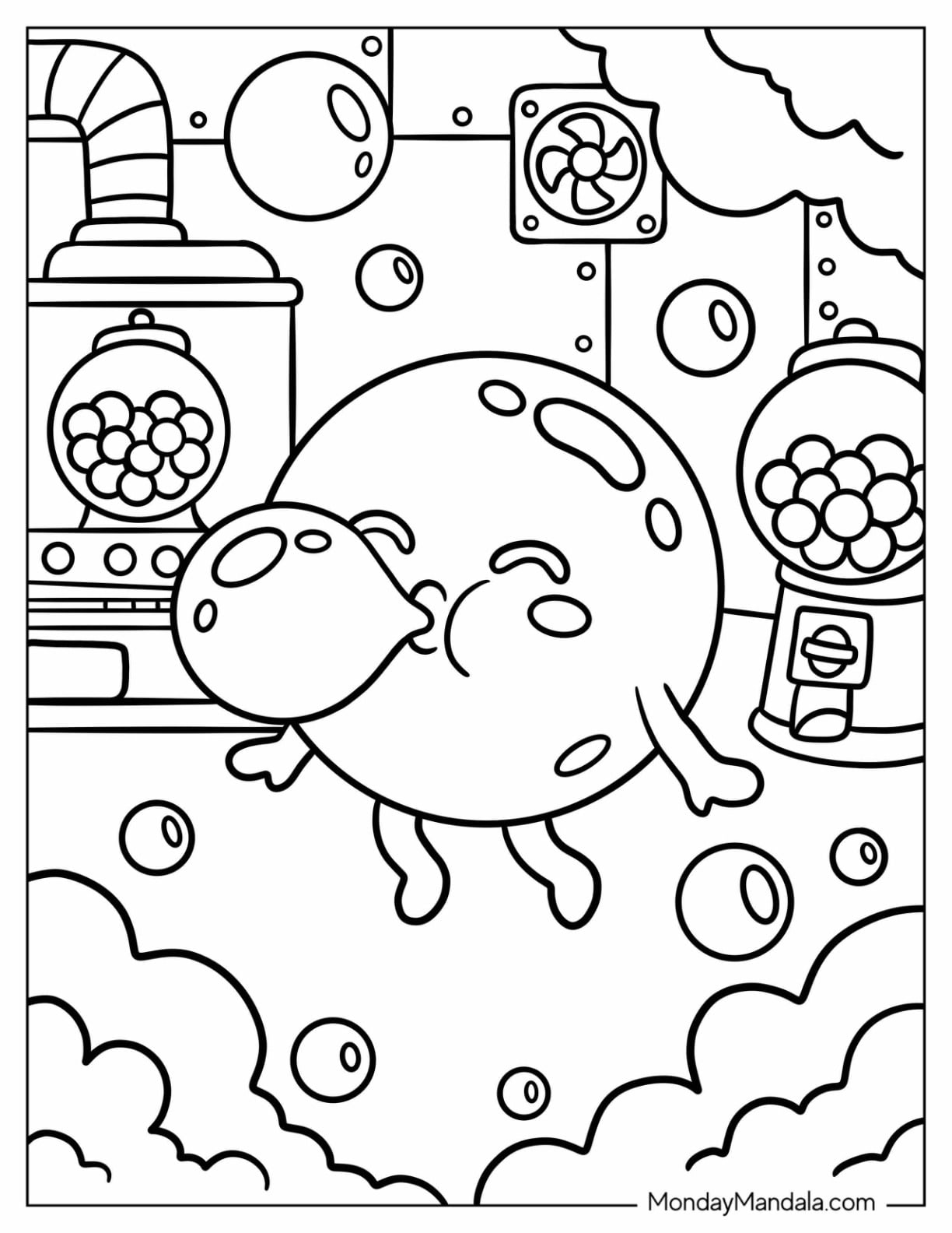 Candy Coloring Page of Bubblegum Blob Inside Candy Factory for Preschoolers