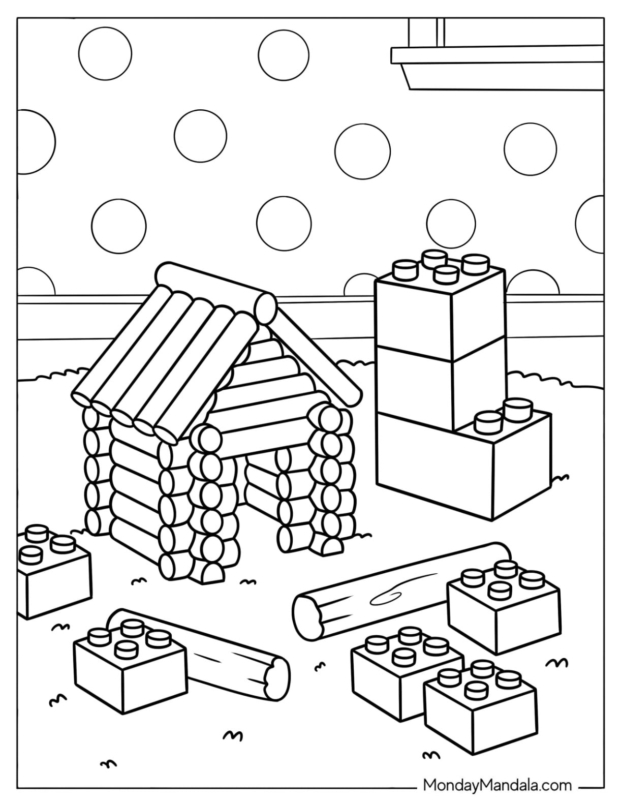 Building Toy Coloring Page of House with Blocks and Logs for Kids
