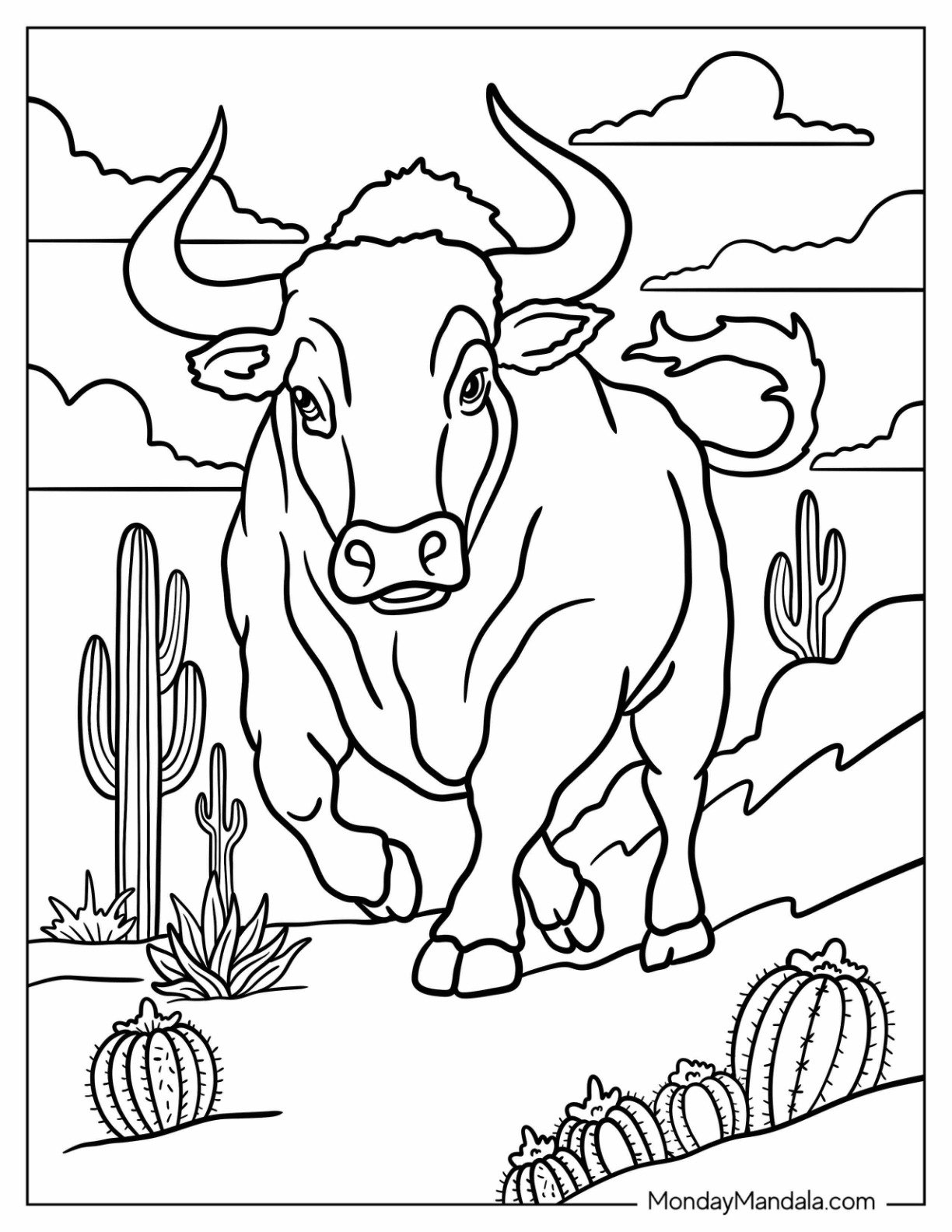 Bull Coloring Page Charging in the a Desert with Cacti