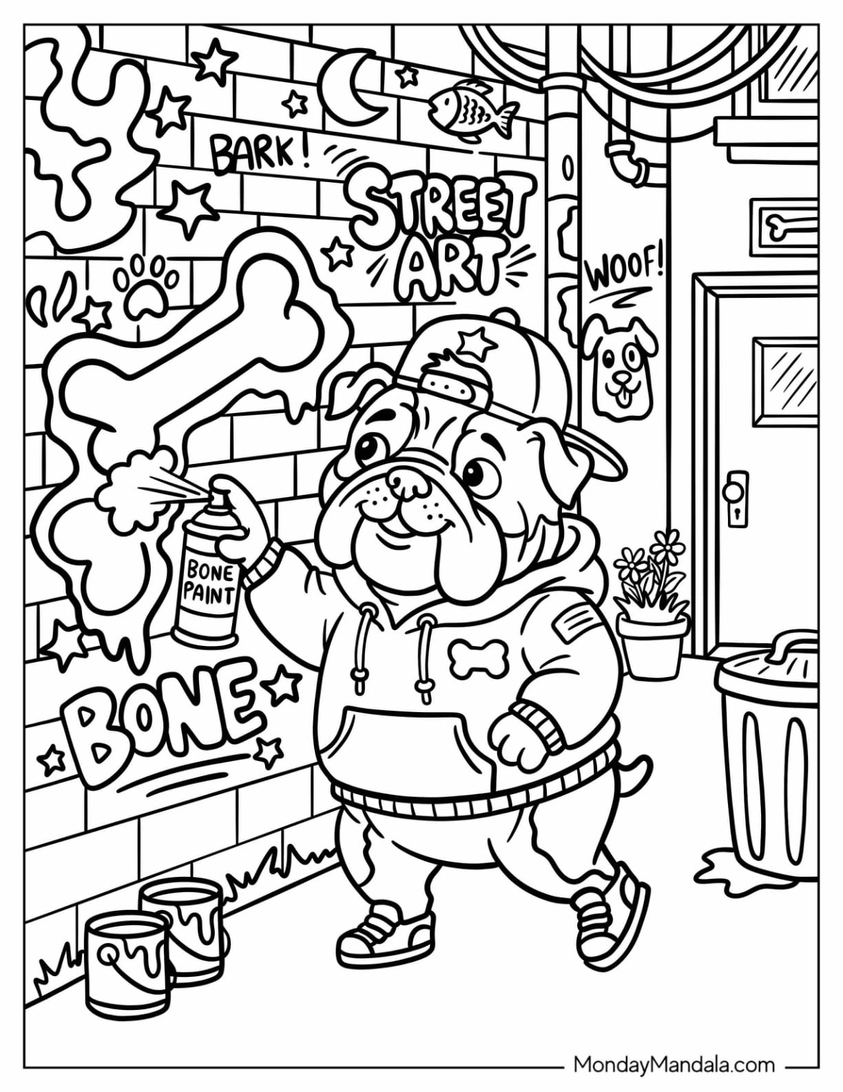 Bulldog Graffiti Artist Painting a Bone Mural Coloring Page