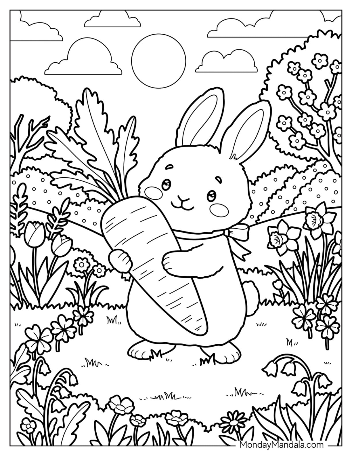 Bunny Holding a Carrot in a Flower Garden for Spring Coloring Sheet for Kids