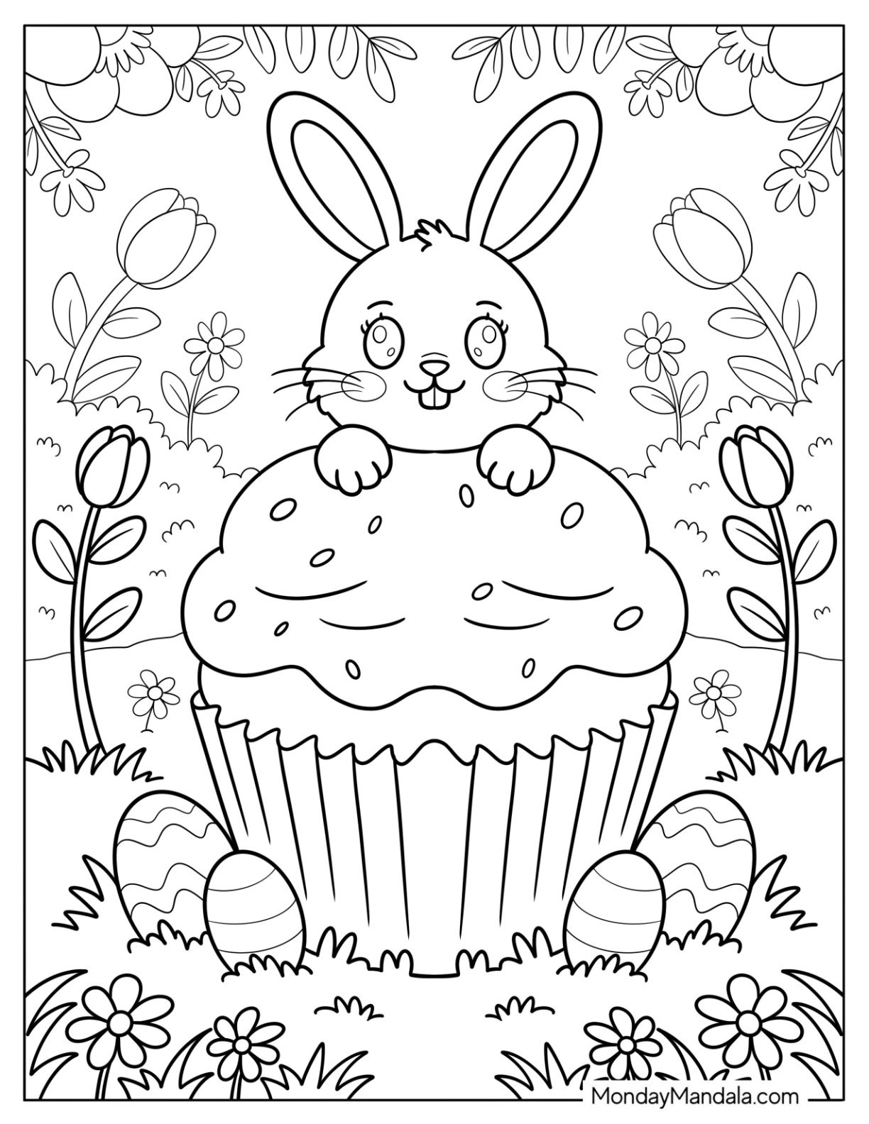 Bunny Holding a Large Cupcake Coloring Page Surrounded by Easter Eggs